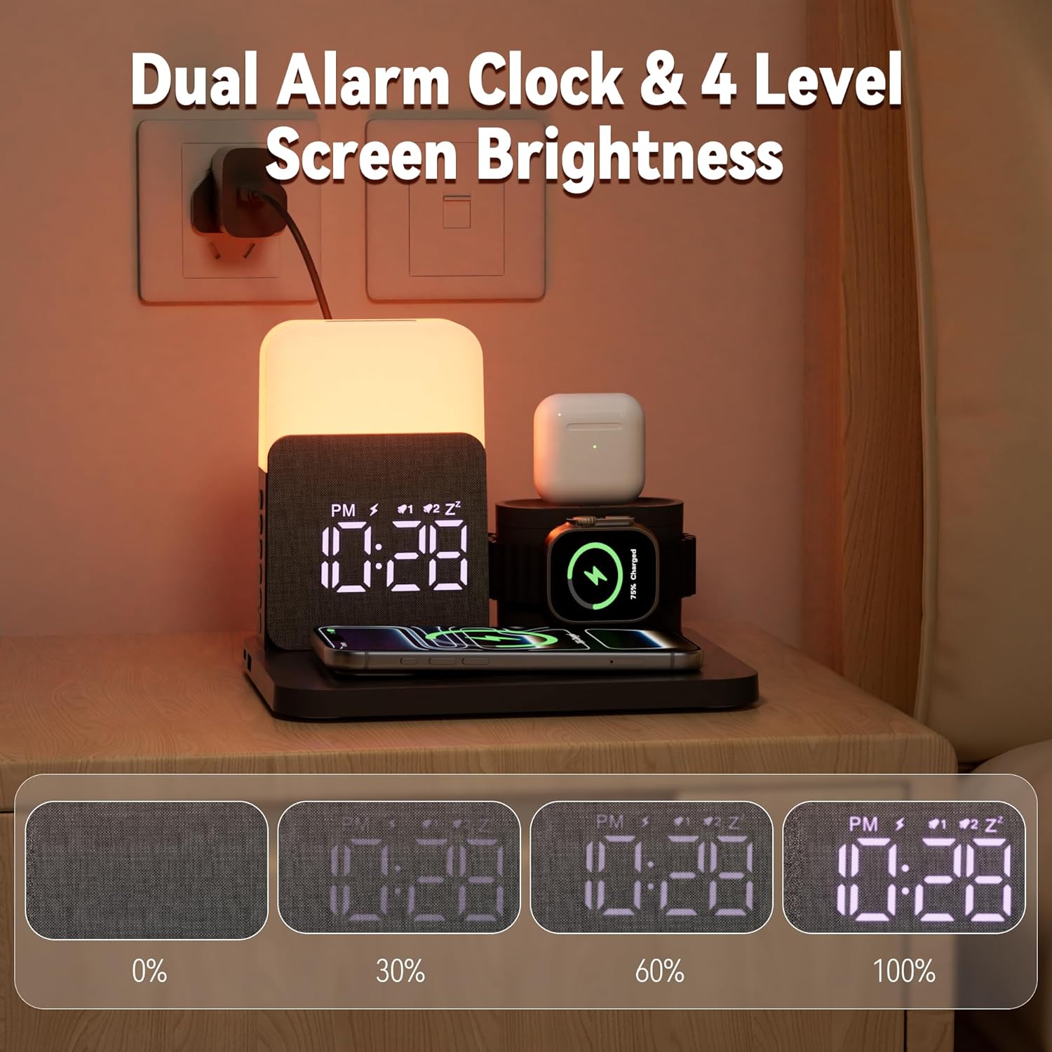 Detalle de COLSUR 6 in 1 Wireless Charging Station with Alarm Clock and Night Light