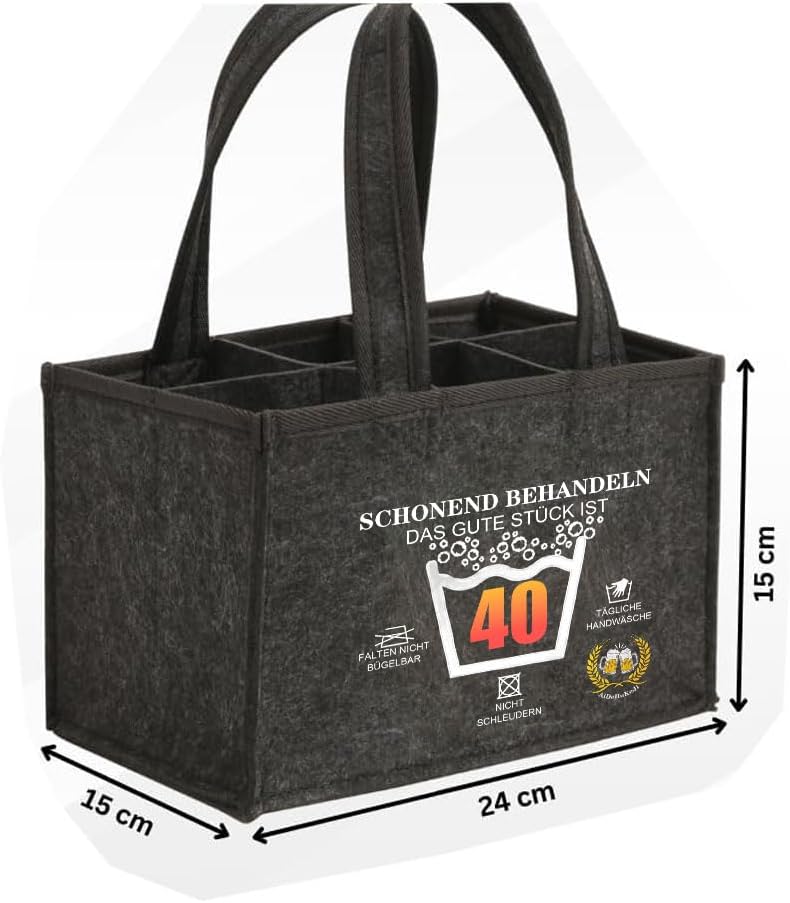 Detalle 2 de AiDeHuaKeJi Männerhandtasche Bier Geschenk zum 40. Geburtstag – Filz-Träger für 6 Flaschen inkl. Öffner & Grußkarte