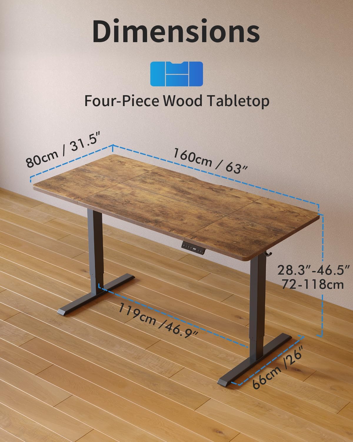 Detalle de FEZIBO Höhenverstellbarer Schreibtisch 160 x 80 cm – elektrisch, USB-A/USB-C, FSC-Holz, Braun