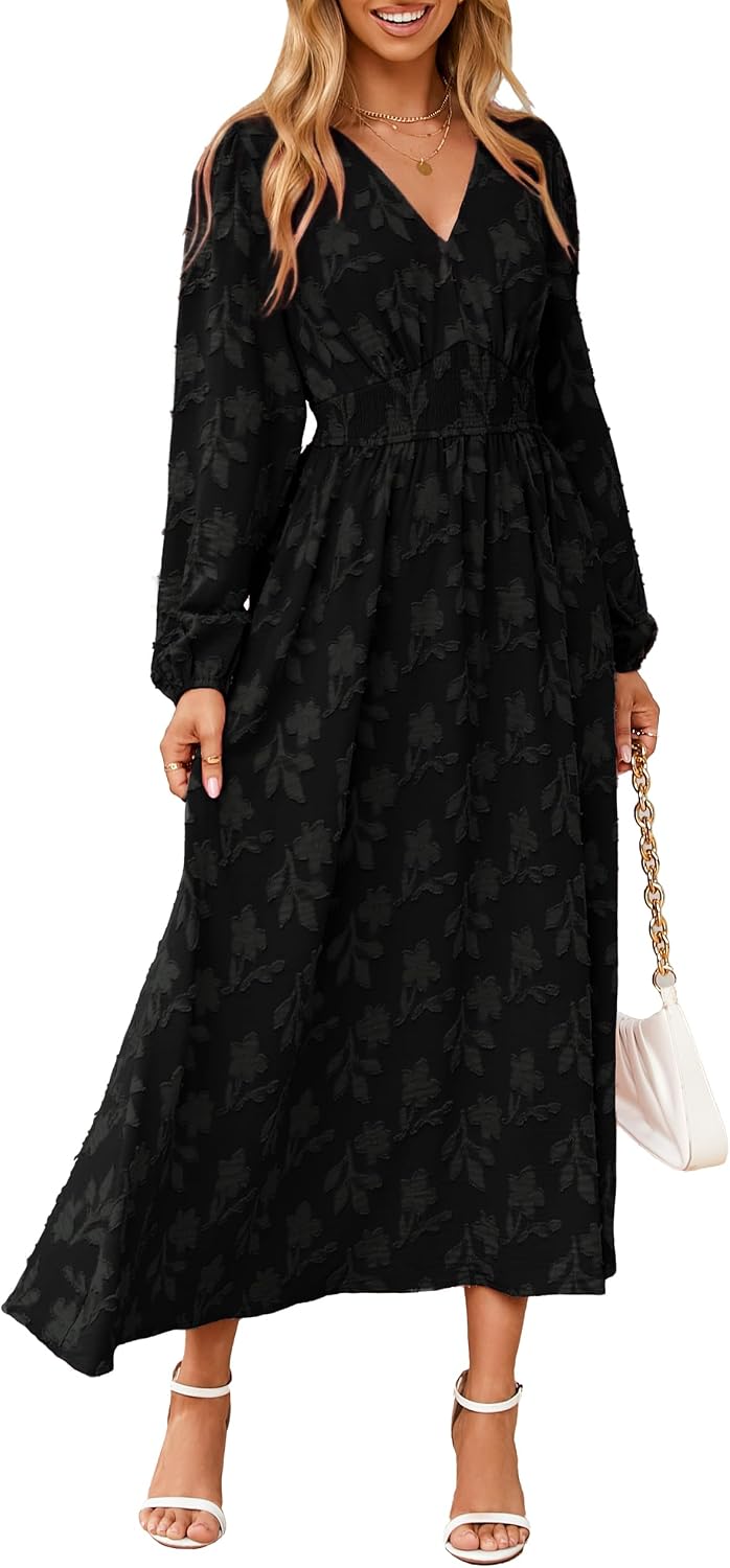 Detalle de Simplee Women's Boho Floral Long-Sleeve Maxi Dress, V-Neck, Empire Waist