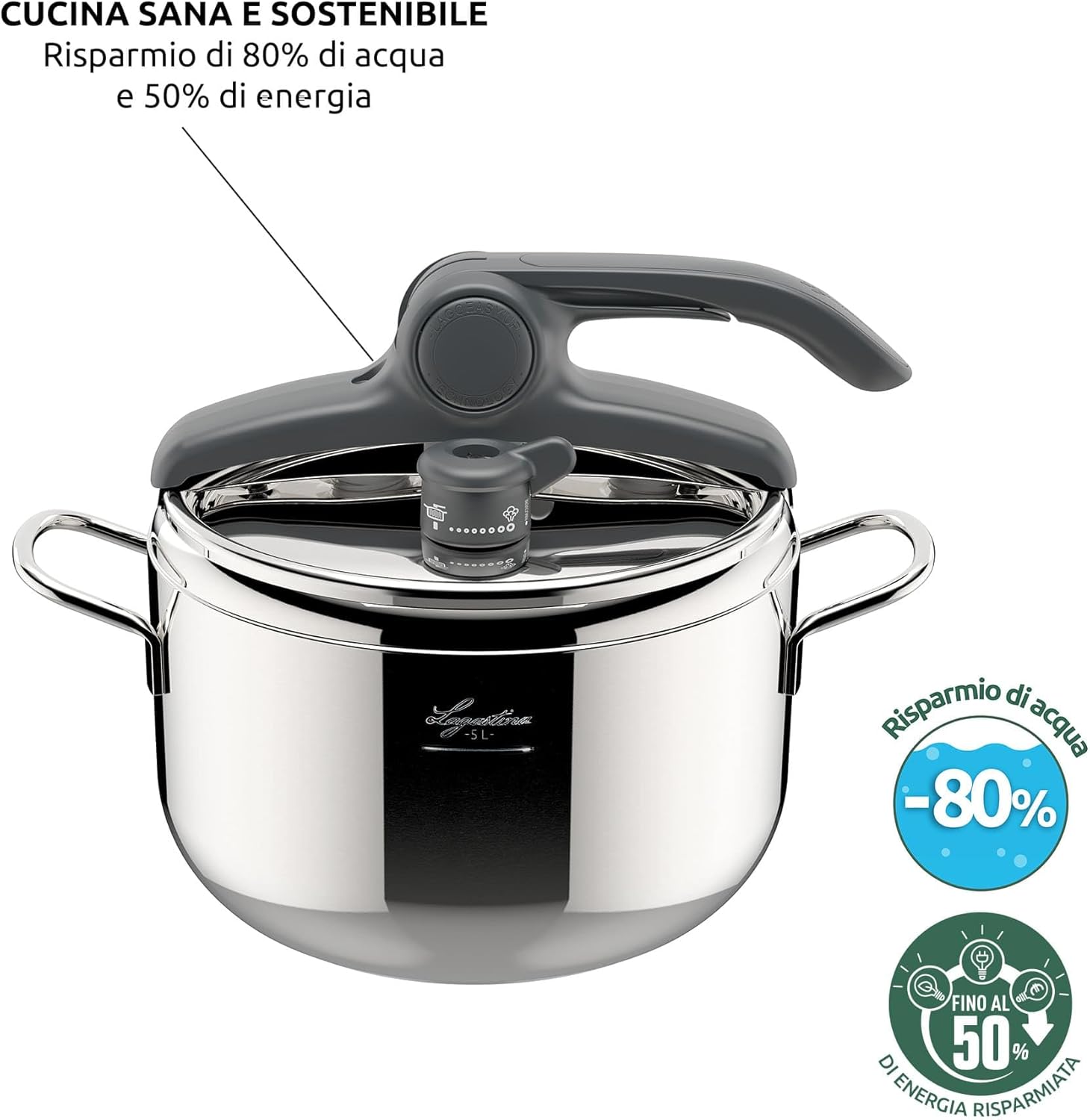 Detalle de Lagostina Irradial Control Pentola a Pressione 7 L in Acciaio Inox 18/10 Ø 22 cm – Induzione e Gas
