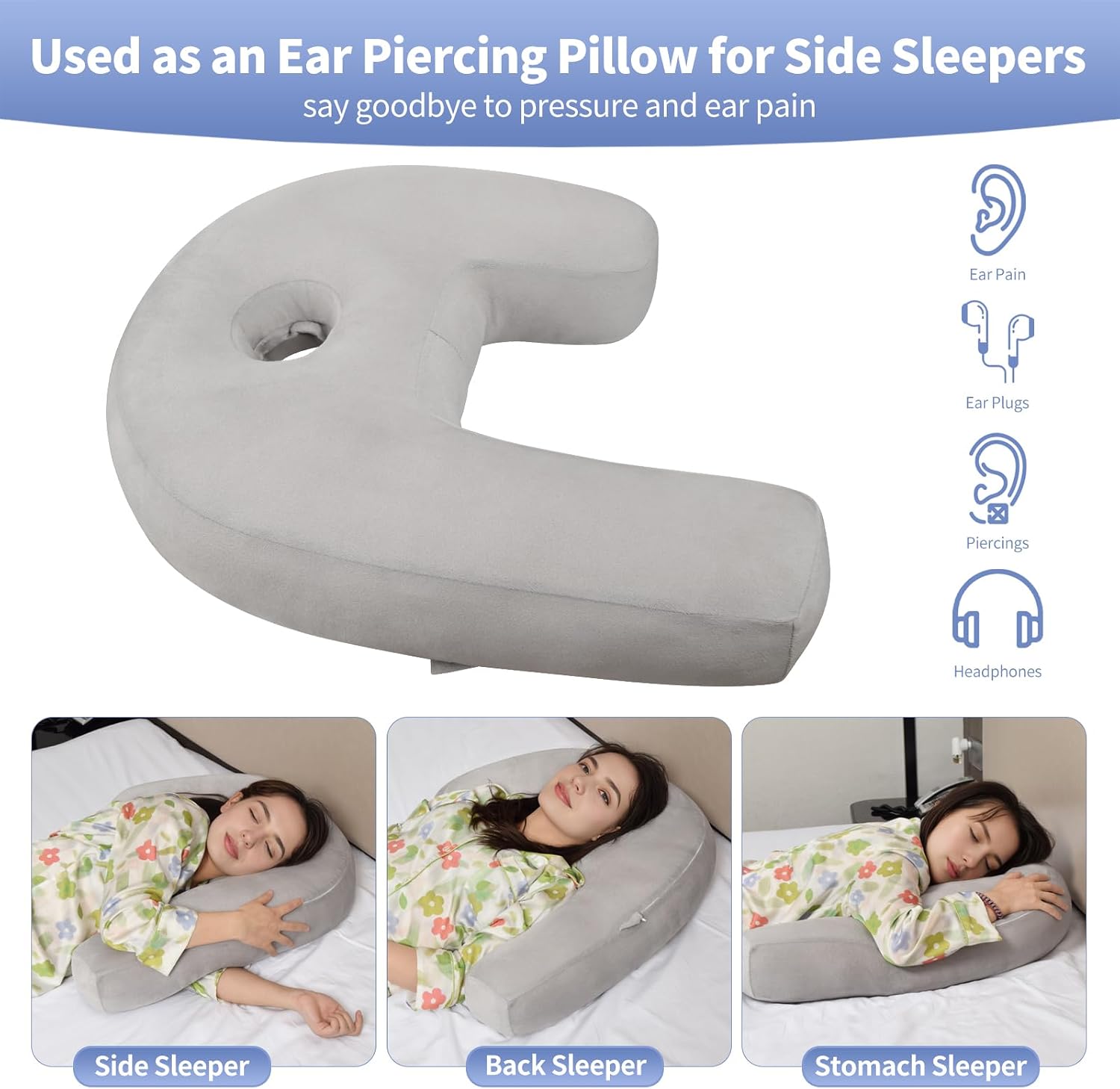 Detalle de Nockovi J-Shaped Ear Piercing Pillow with 4" Hole – Ergonomic, Grey Velvet, 20x26 in