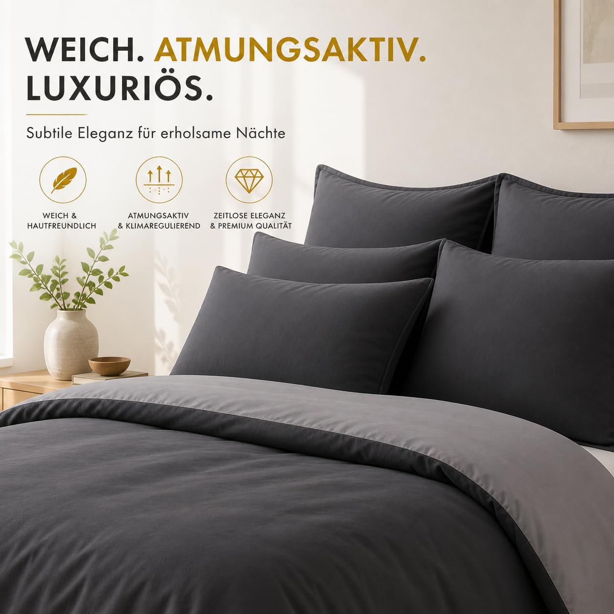 Detalle de Sleeptime Bettwäsche 140x220 (2-teilig) aus 100% Baumwolle mit Kissenbezug 60x70 – Anthrazit Grau