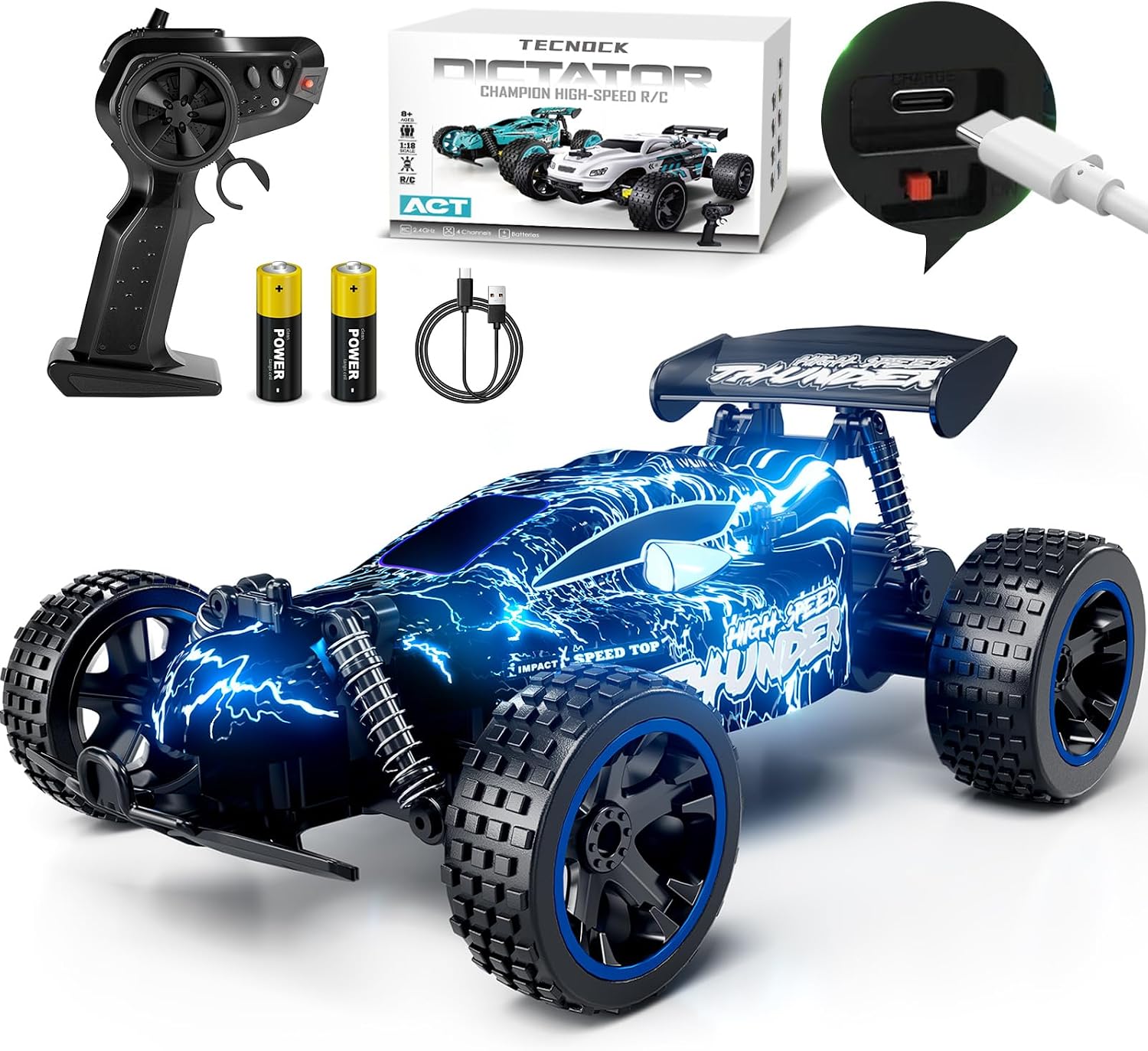 Tecnock 1:18 Scale 2WD RC Car for Kids with LED Lights, 2.4GHz Remote & USB-C Charging