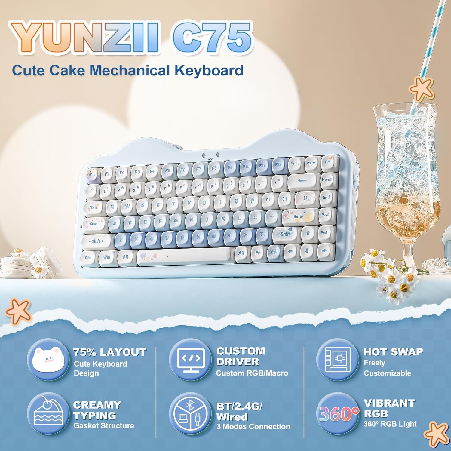 Thumbnail 1 de YUNZII C75 Tastiera Meccanica Wireless Gaming 75% – Gasket Mount, Hot-Swap, RGB, NKRO, Blu Candy Linear
