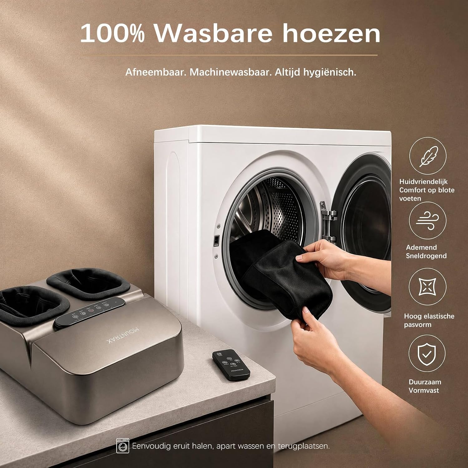 Detalle de MOUNTRAX voetmassageapparaat met warmte, shiatsu en luchtcompressie