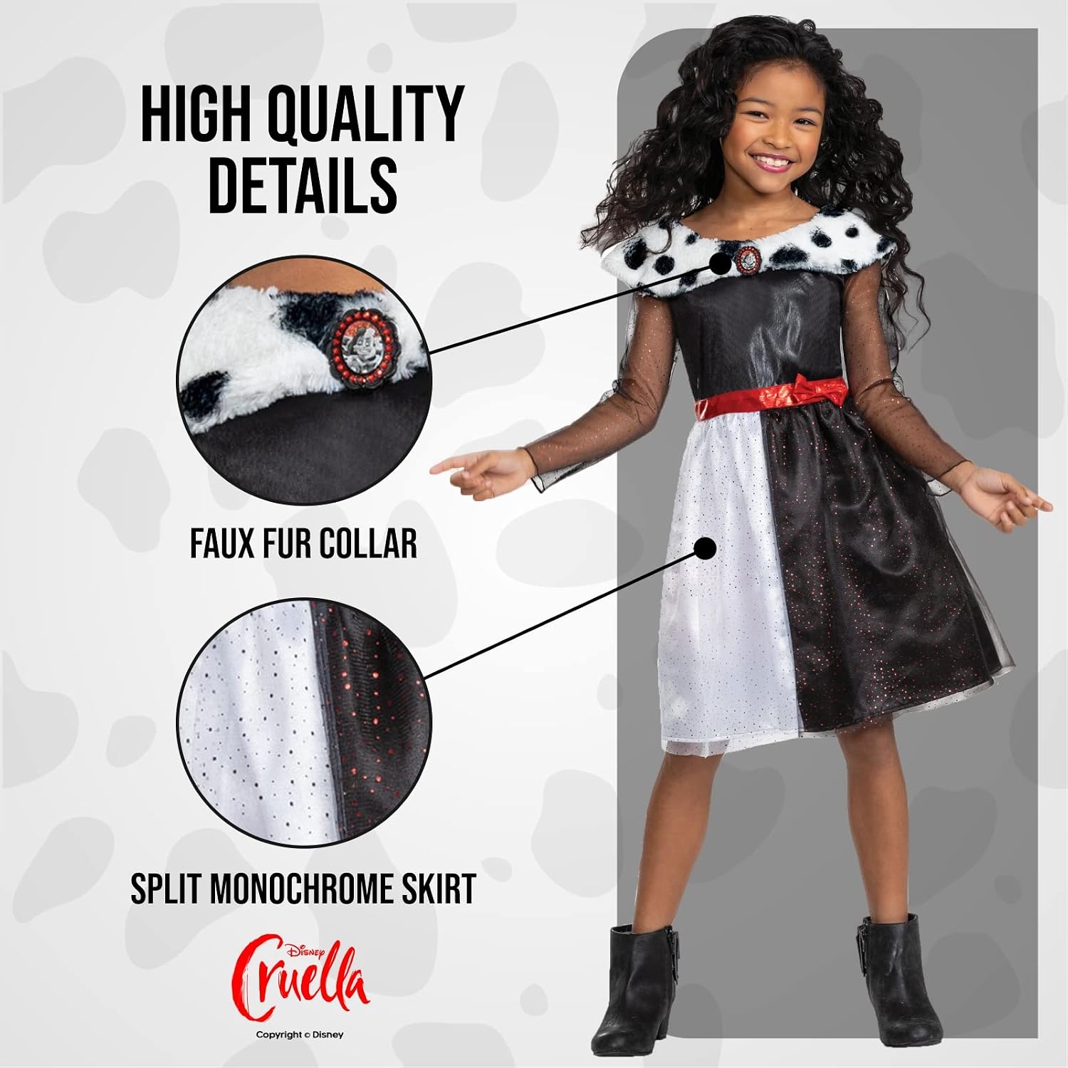 Detalle 2 de Disguise Disney Cruella-kostuum voor kinderen met zwart-witte jurk en stippenkraag