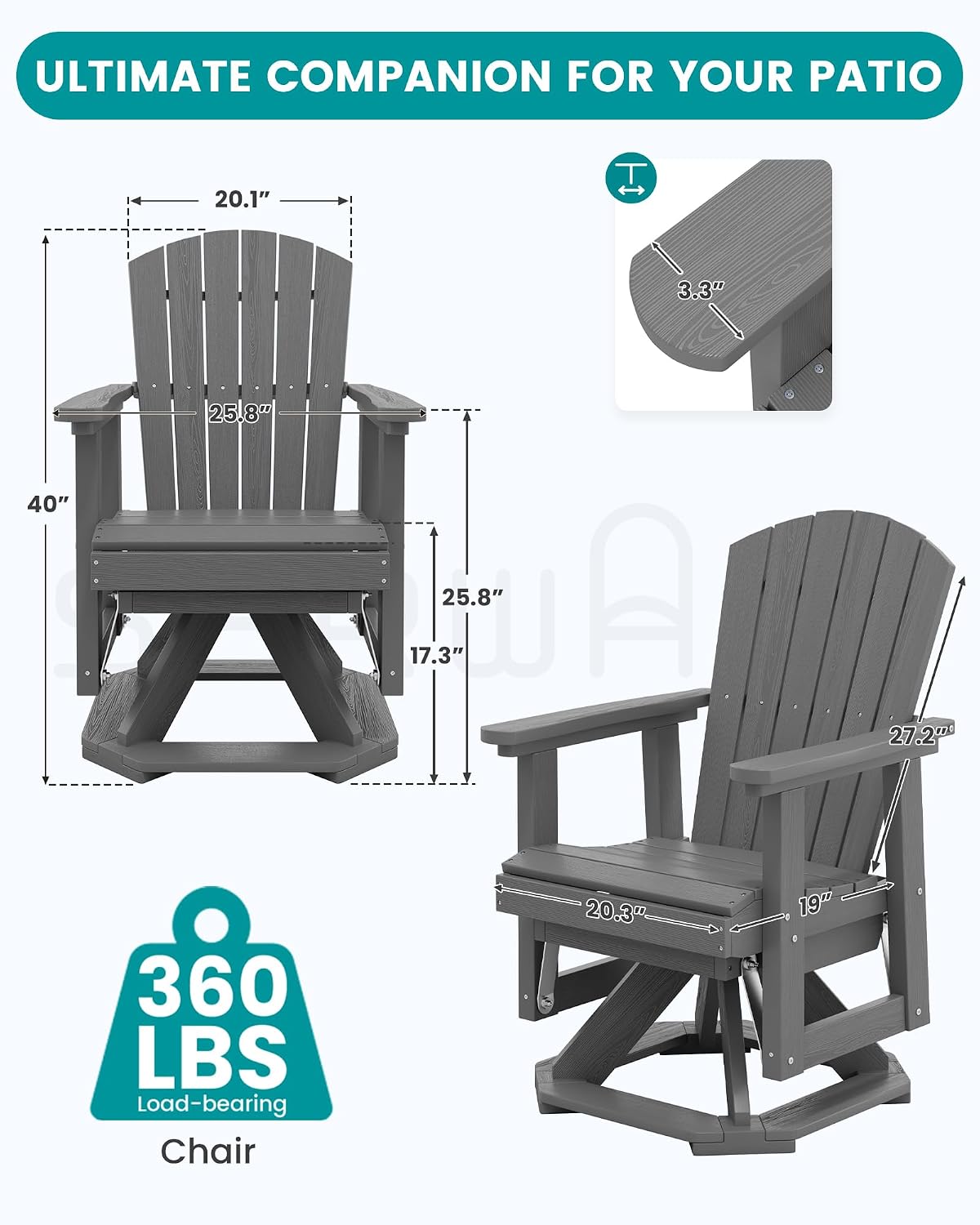 Thumbnail 2 de SERWALL A041-156 Adirondack Swivel Glider Chairs, Set of 4, HDPE, Gray