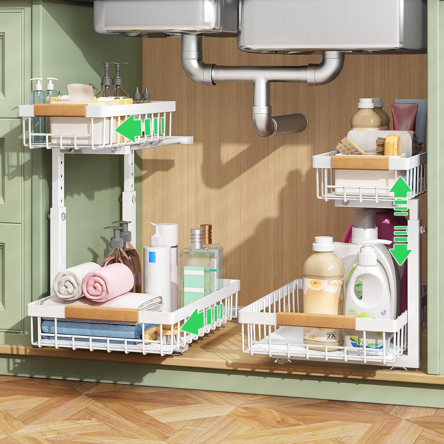 Detalle de Kitstorack 2-Tier Sliding Cabinet Organizer, Adjustable White Carbon Steel Shelf