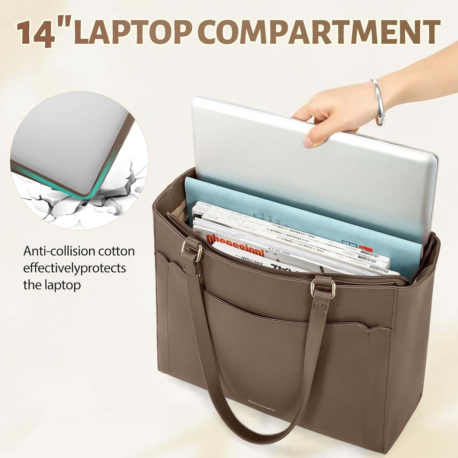 Detalle de RAINSMORE Borsa Donna Grande Porta PC 14 Pollici Impermeabile: tote elegante con multi-scomparti