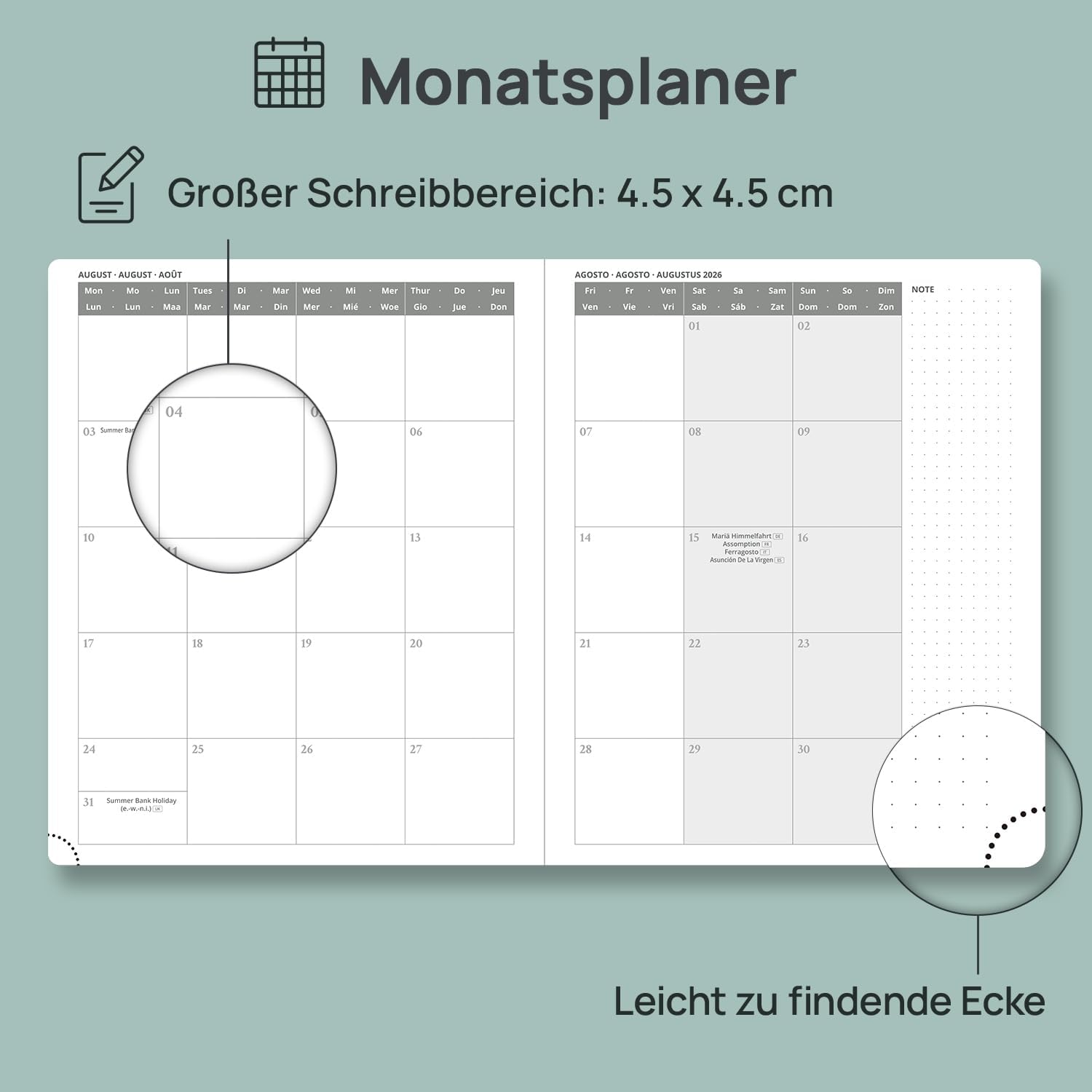 Thumbnail 3 de POPRUN Kalender 2026/2027 Horizontale Wochenplanung – 17-Monate-Terminkalender, A4-Format, Hartcover, Waldgrün
