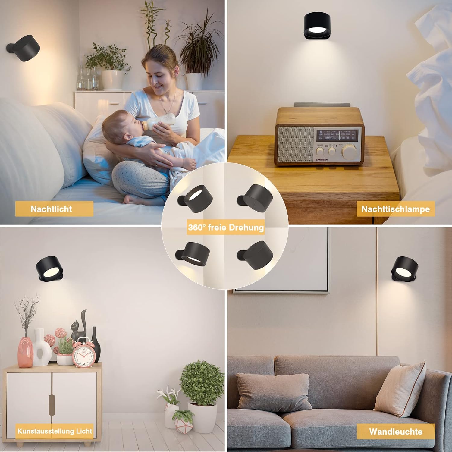 Detalle 2 de Feallive LED Wandleuchte Innen mit Akku – kabellose Wandlampe mit Touch Control, 360° Drehung, 3 Helligkeitsstufen & 3 Farbmodi