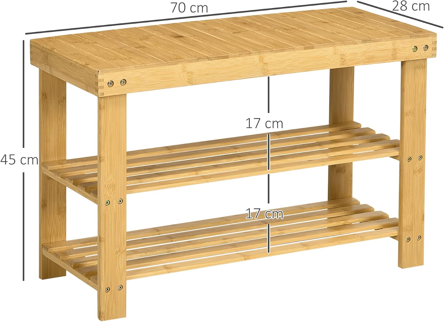 Thumbnail 2 de Banc à chaussures HOMCOM en bambou 3 niveaux — design scandinave, blanc, 70 × 28 × 45 cm