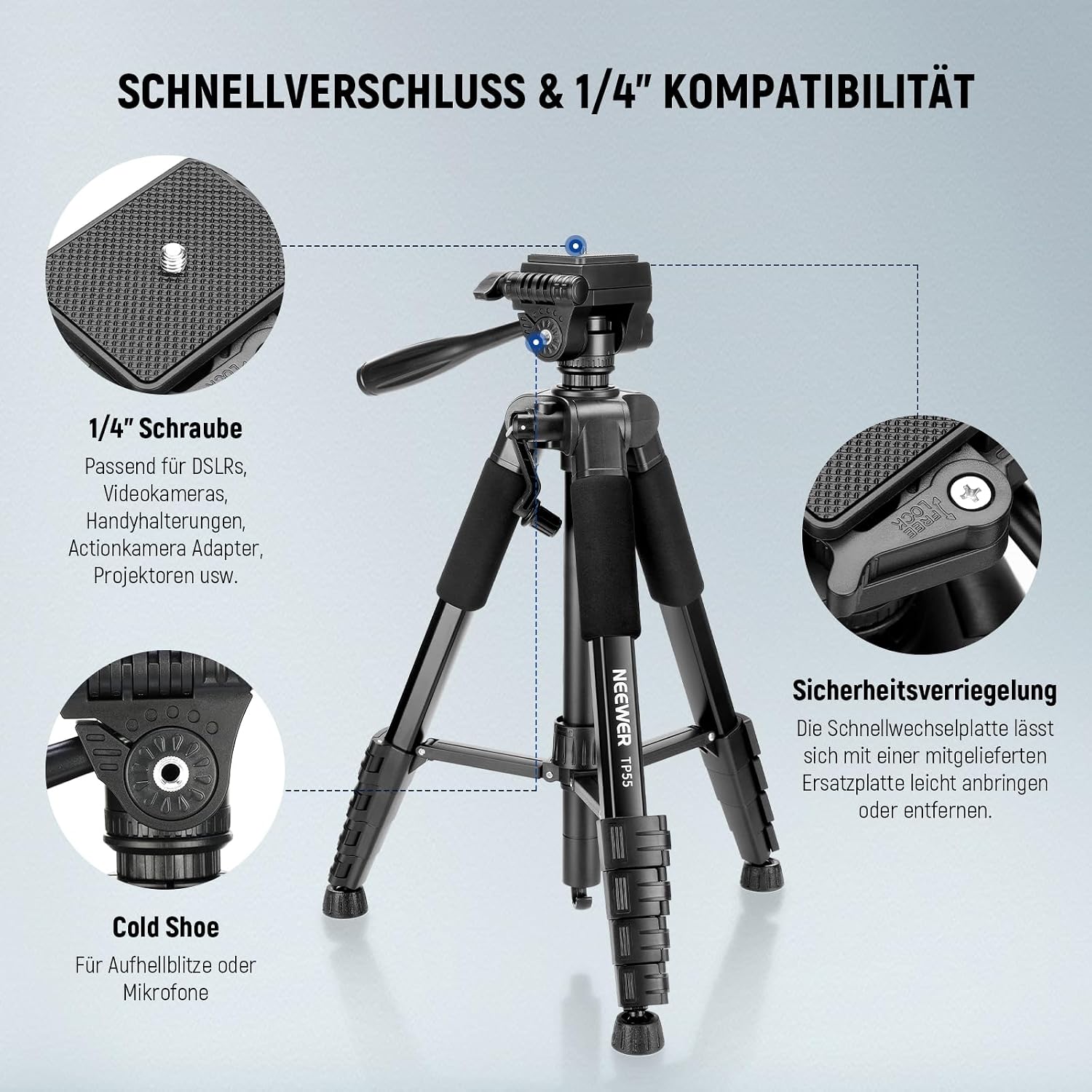 Thumbnail 5 de NEEWER Basics Kamerastativ TP55 (71 Zoll) mit Handyhalterung – leichtes Aluminium-Reisestativ