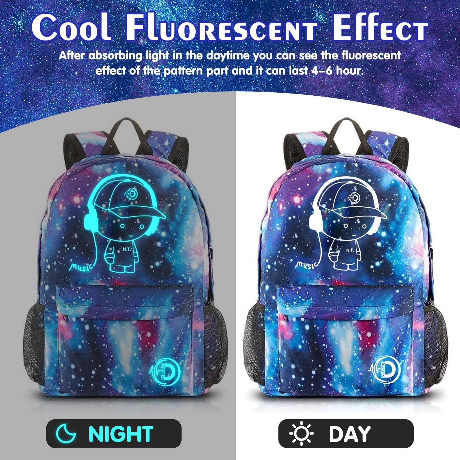 Thumbnail 2 de Dracarys Galaxy Luminous Backpack: Unisex School Bag with USB Charging, 15.6" Laptop Space and Included Stationery Bag