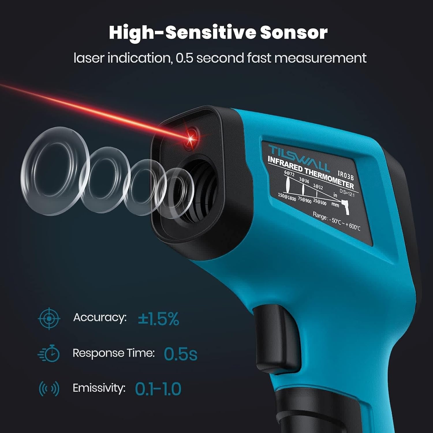 Detalle 2 de Tilswall Infrared Thermometer Gun with Adjustable Emissivity (−50°C to 600°C) – for BBQ, Pizza Ovens and Vehicle Repair