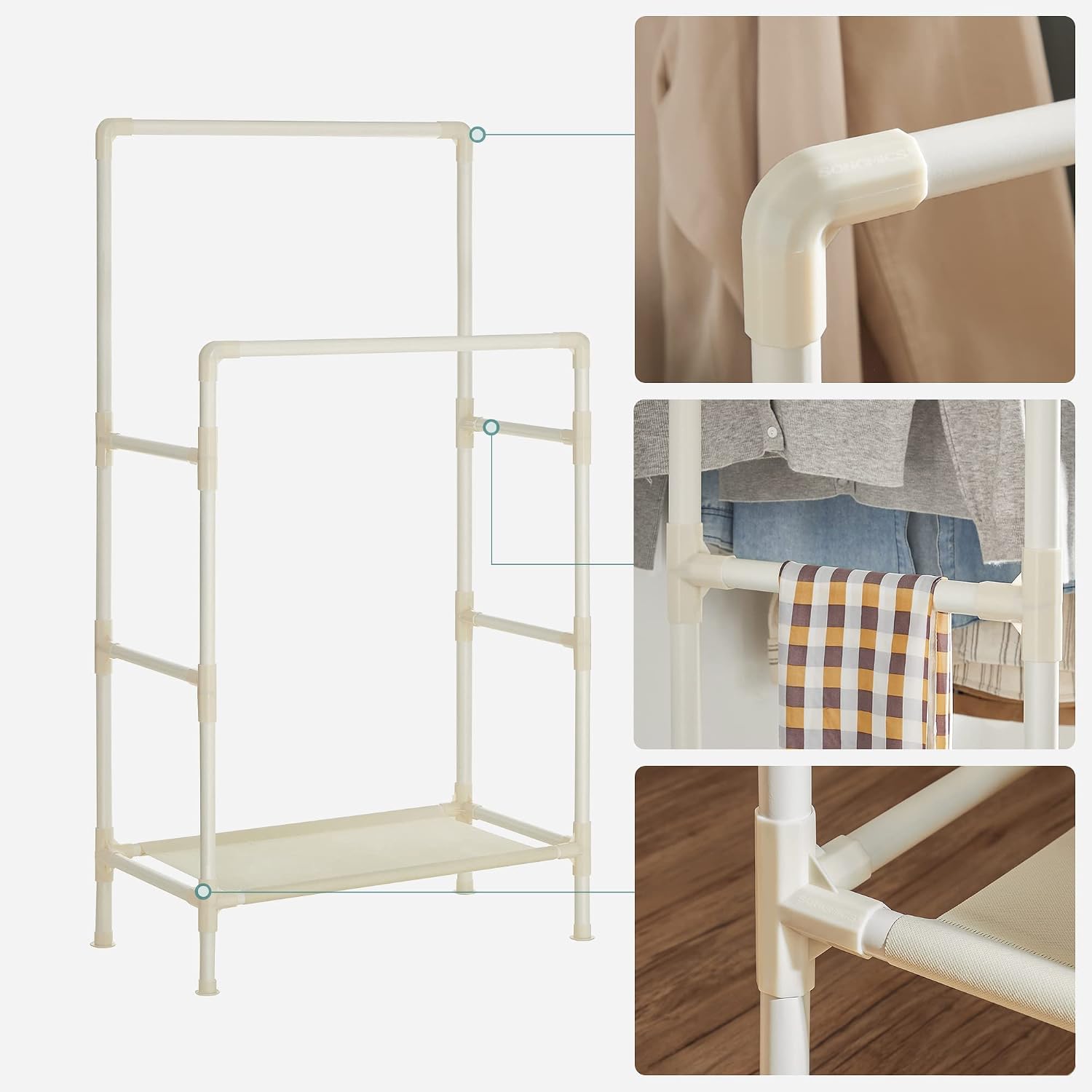 Detalle de SONGMICS Stand Appendiabiti con 2 barre RDR01WT, bianco, struttura in metallo da terra