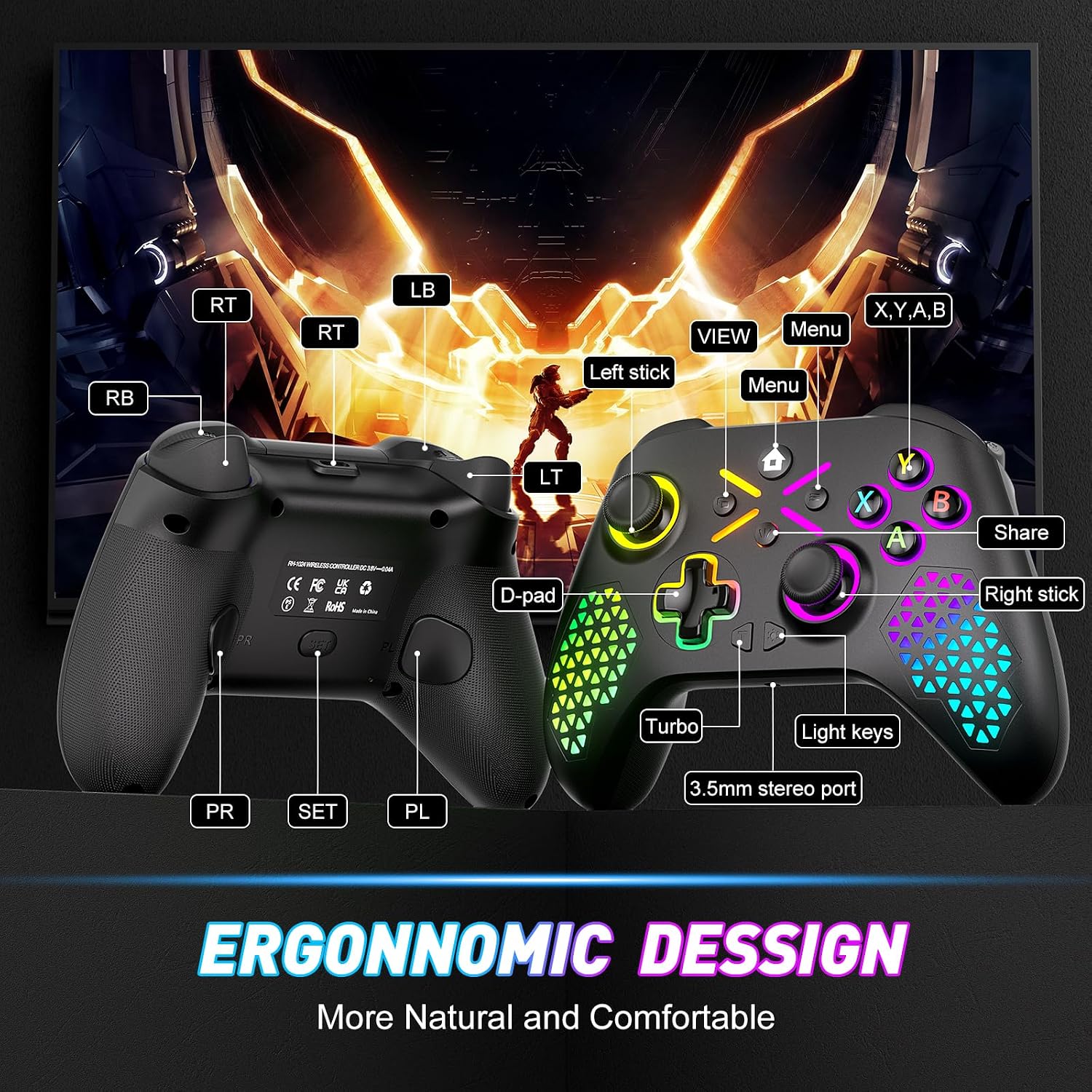 Thumbnail 6 de Gamrombo Wireless Gaming Controller for Xbox & PC – RGB Lighting, Hall‑Effect Joysticks, Turbo & Macro