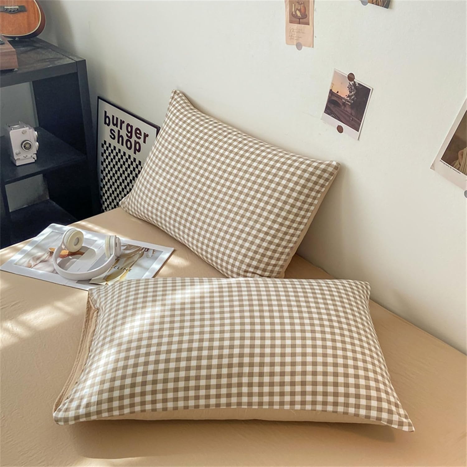 Thumbnail 5 de Covebett Housse de Couette 220x240 – Carreaux Vichy Beige et Marron, Microfibre, 2 Taies 65x65