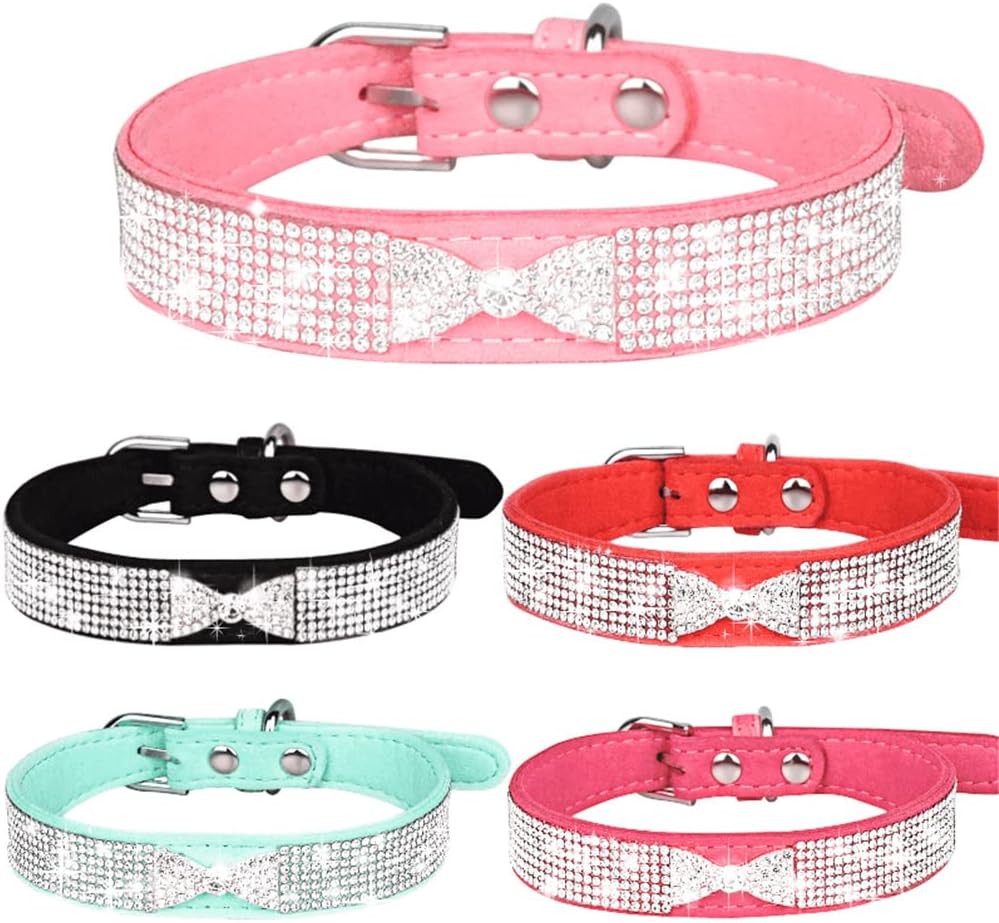 Detalle de Weimostar Small Dog Collar with Diamond Bling and Bowtie - Velvet Fabric, Adjustable Buckle