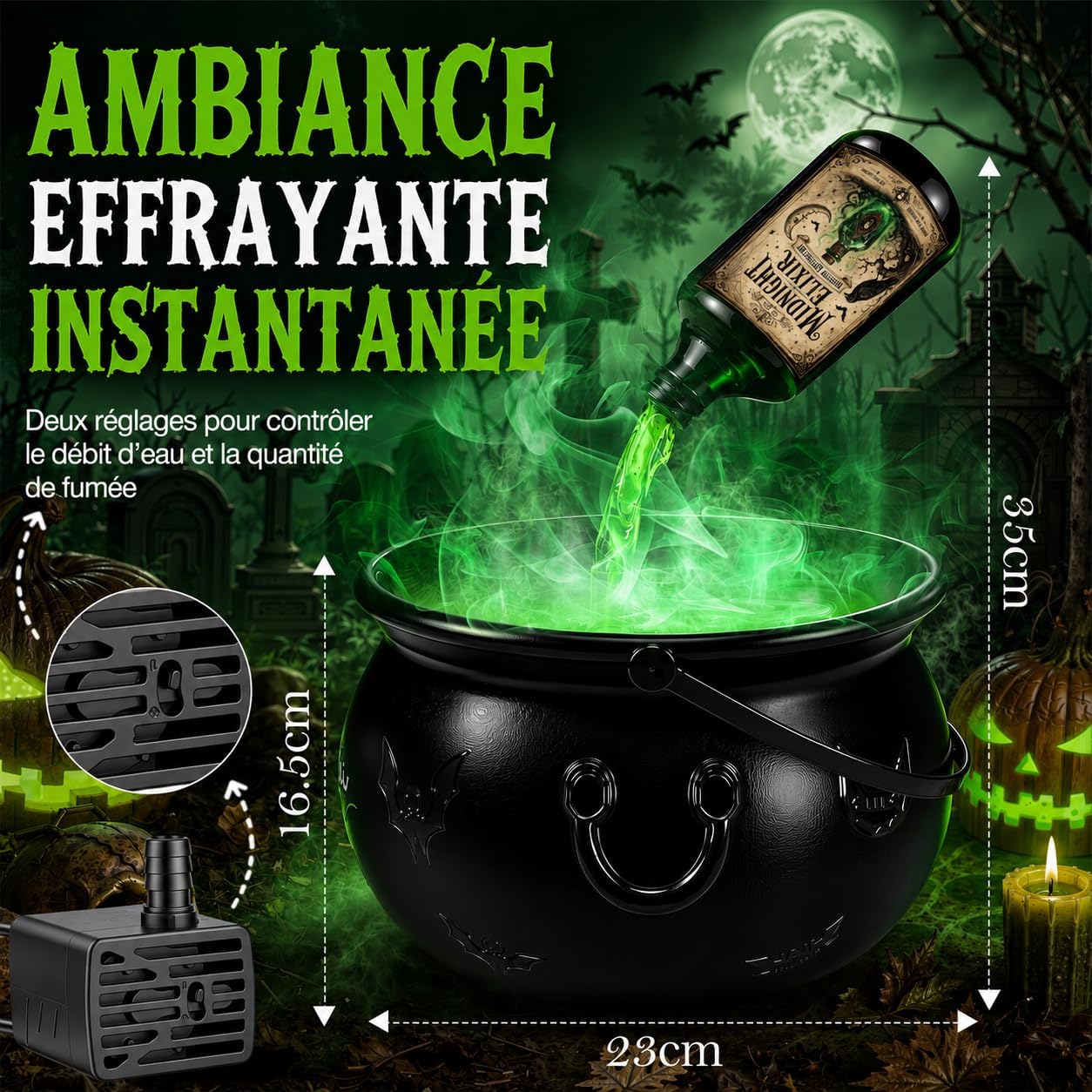 Detalle 2 de ShadowRealmTech 0018 Halloween-heksenketel met USB-vernevelaar en groen licht