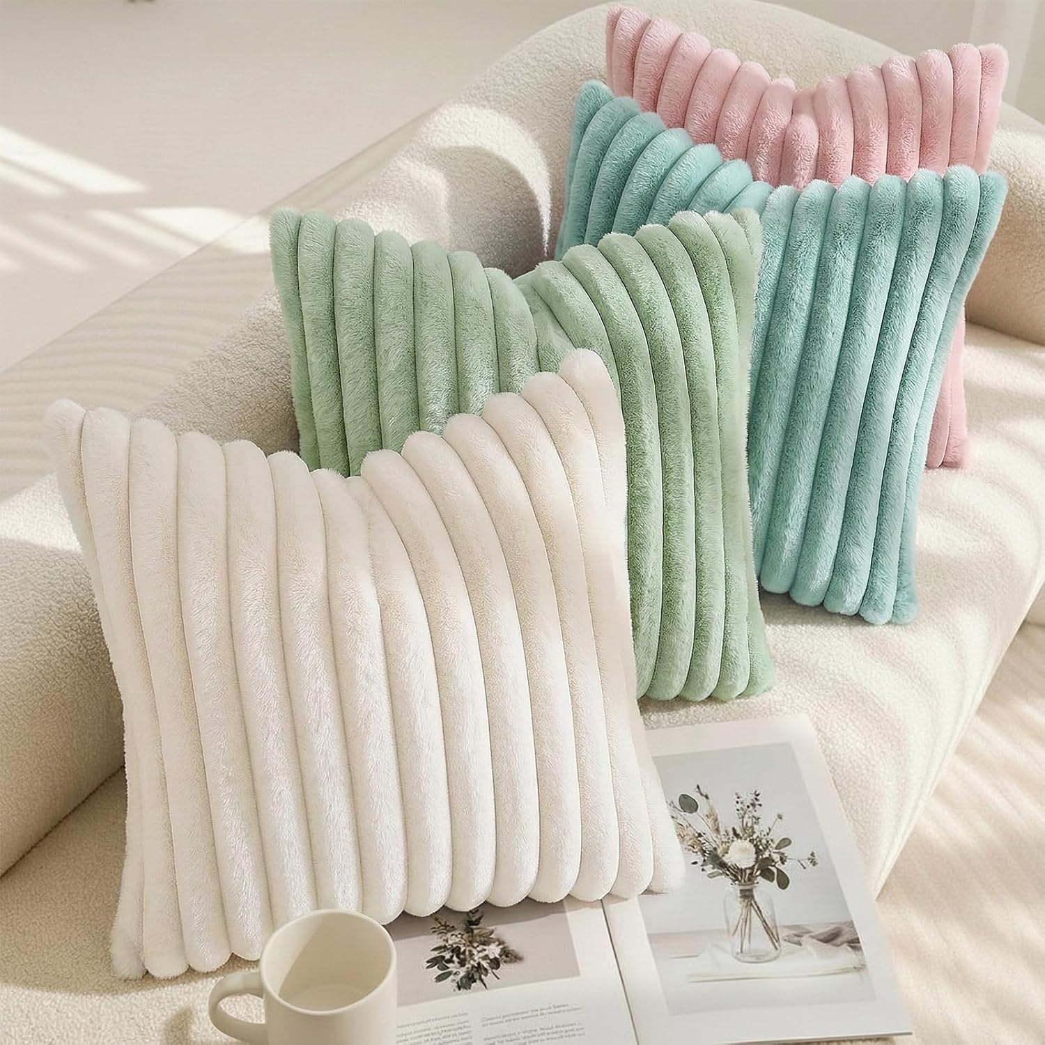 Detalle 2 de decorUhome Fall Faux Fur Throw Pillow Covers, 16x16, Set of 2, Sage Green