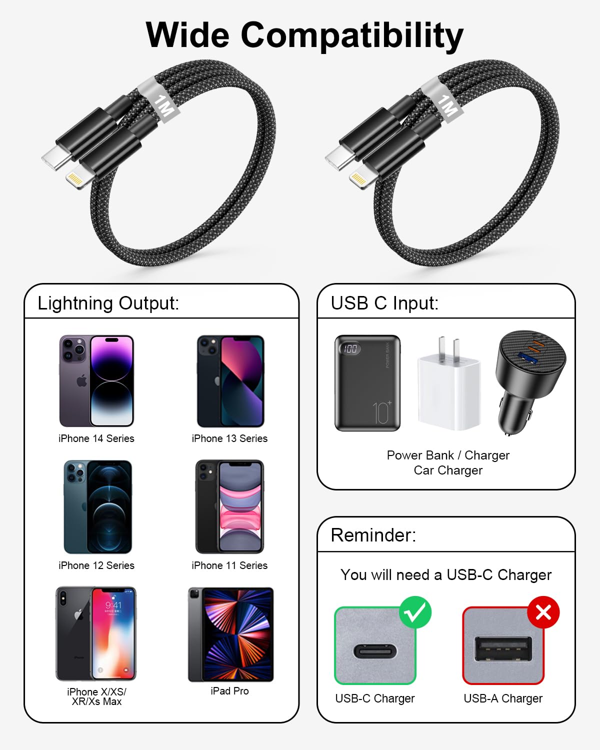 Thumbnail 5 de Cable iPhone Lightning 1 m – Lot de 2, certifié MFi, câble tressé nylon USB‑C vers Lightning