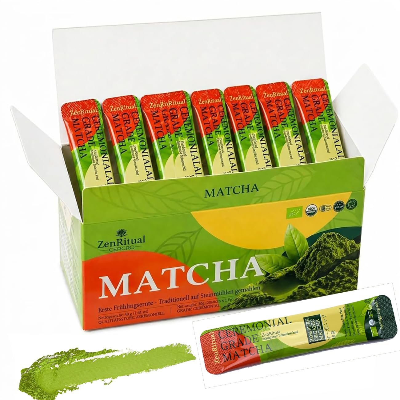 Detalle de ZenRitual Matcha Pulver Zeremonienqualität – 20 Einzeln Portionssticks à 1,5 g, laborgeprüft, zuckerfrei, unterwegs genießen