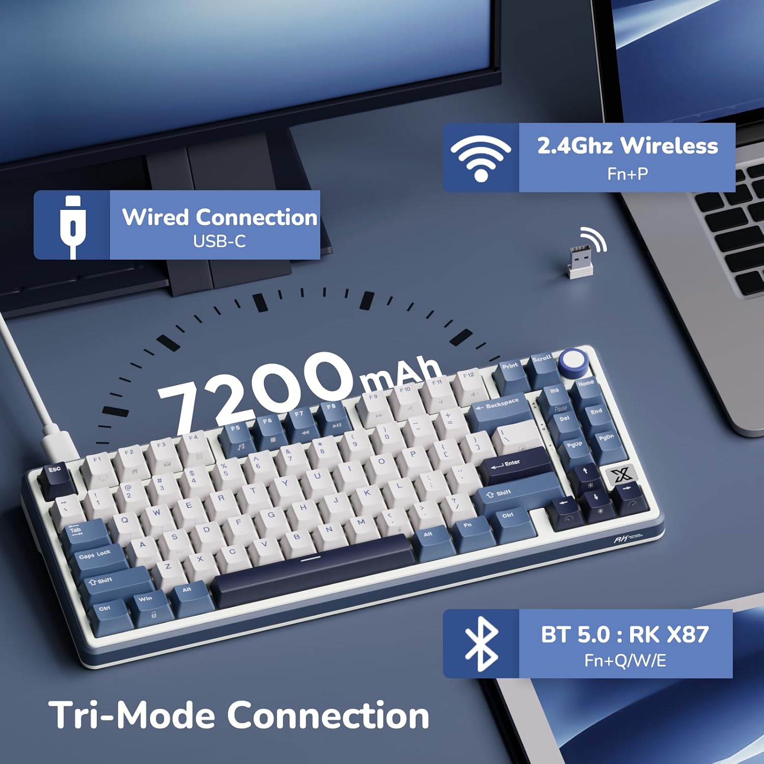 Detalle de RK ROYAL KLUDGE X87 Gasket Mechanical Keyboard — 75% Wireless with Volume Knob, X-Plate Touch, Hot-Swappable, Beige Switch