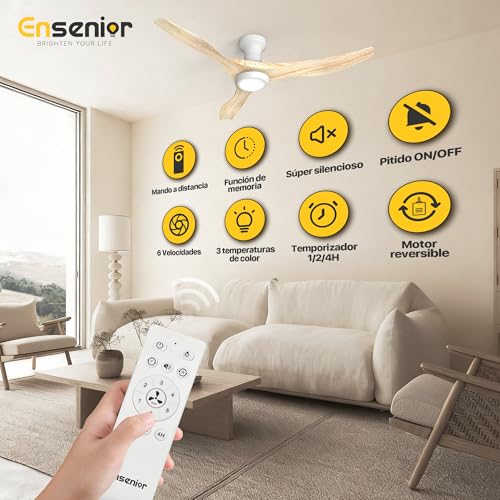 Detalle de Ensenior Ventilador de Techo con Luz Silencioso 126 cm: rendimiento eficiente y luz en 3 colores
