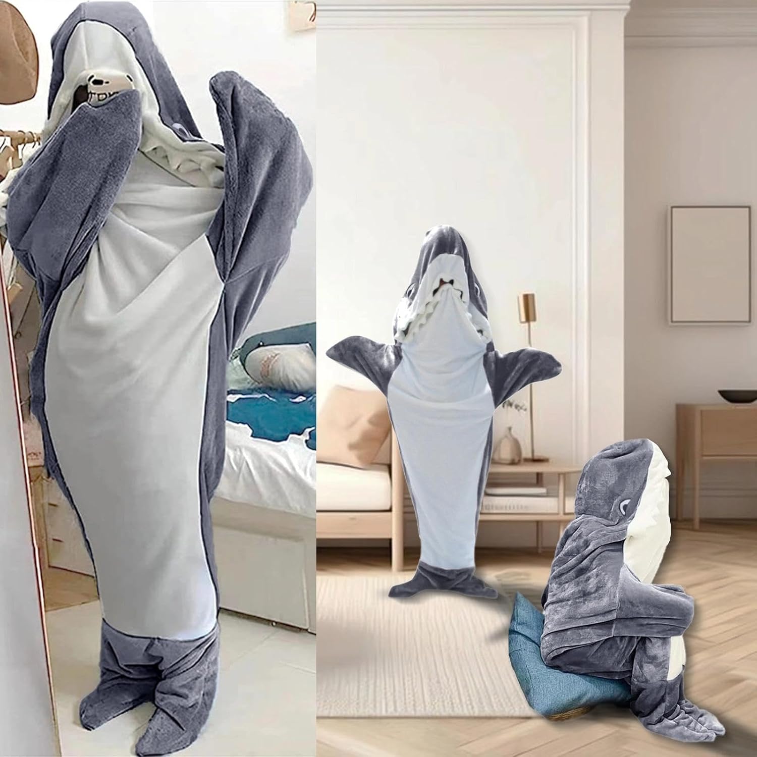 Detalle de LANSKYWARE Wearable Shark Blanket, Gray XXL Facecloth Onesie with Hood
