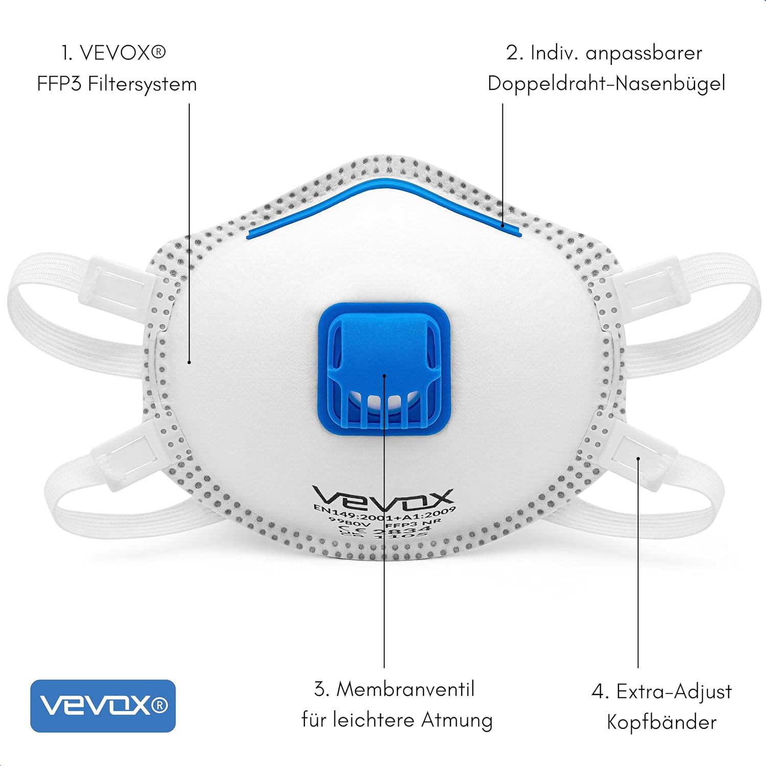 Detalle de VEVOX FFP3 Maske mit Ventil – Set 5er / 10er / 20er (Staubschutzmaske)