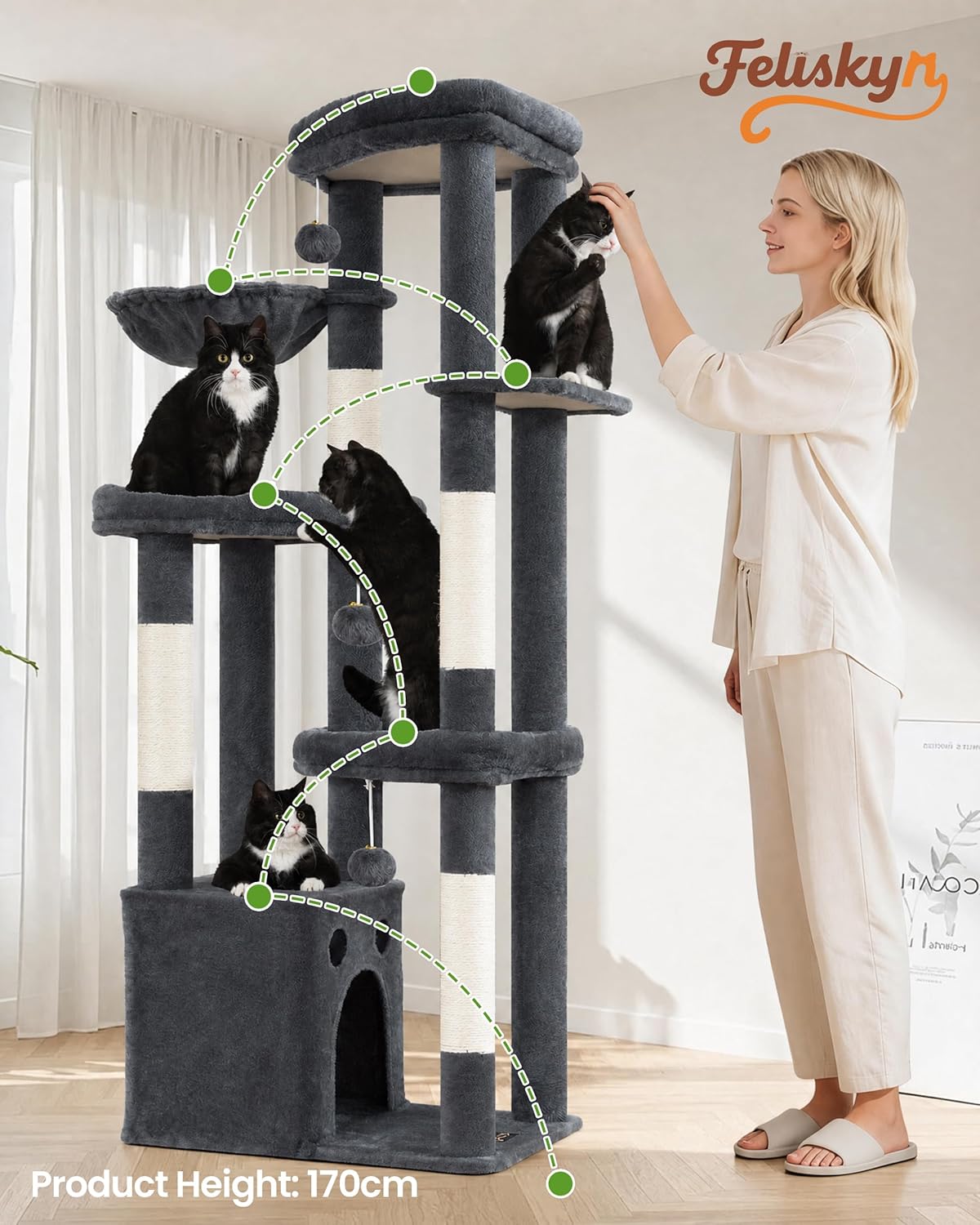 Detalle 2 de Kratzbaum Groß 170 cm hoch – XL-Katzenkratzbaum mit 4 Säulen und viel Platz für Mehrkatzen