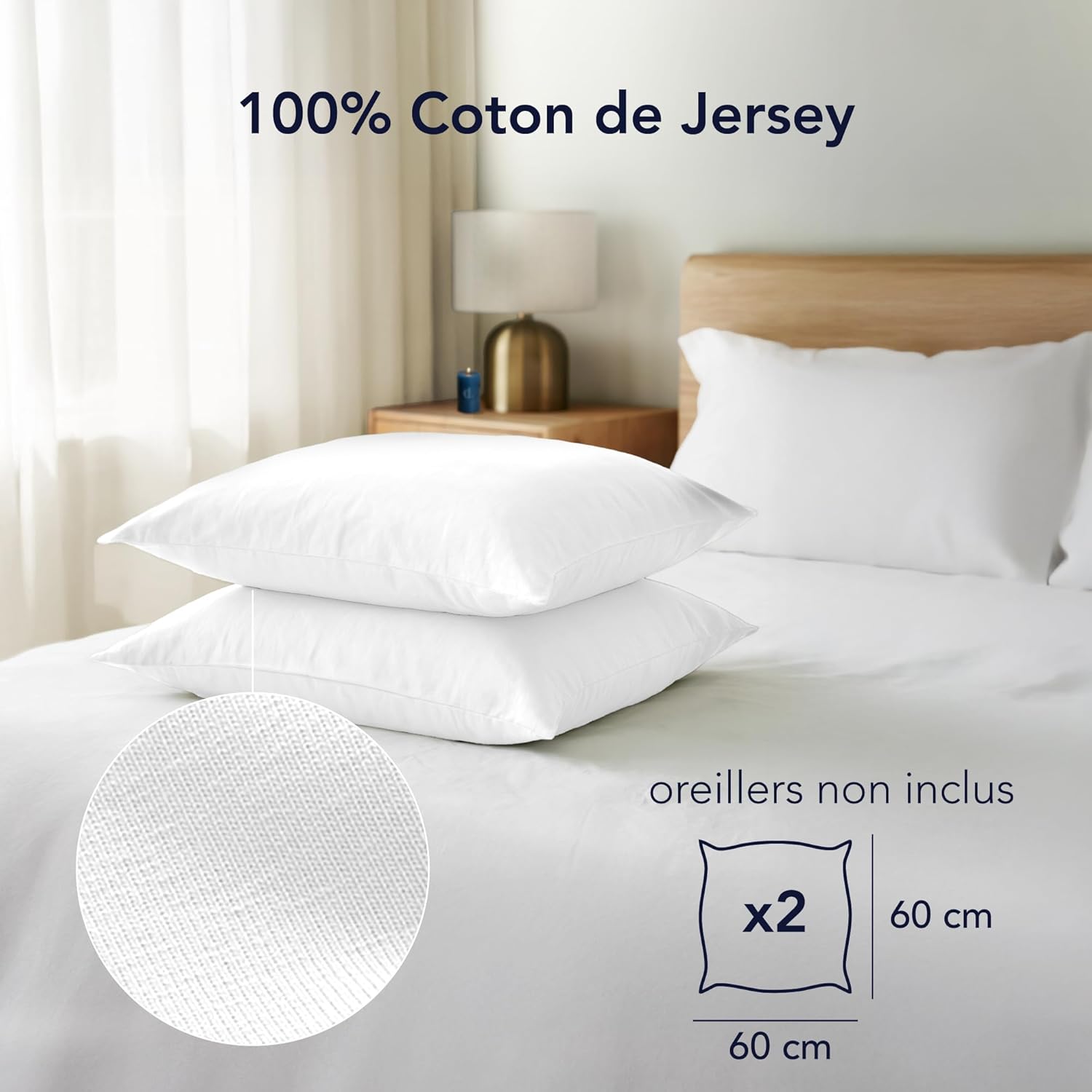 Thumbnail 1 de Dreamzie Taie Oreiller 60x60 cm (lot de 2) en coton jersey 100% – Blanc