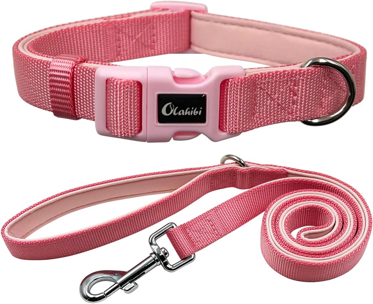 Olahibi Dog Collar Leash Set for Medium Dogs (Light Pink) – Durable Nylon Webbing with Soft Neoprene Padding