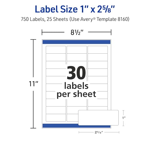 Detalle de Avery Easy Peel Address Labels, Inkjet Printers, White, 1" x 2-5/8", Box of 750 (08160)