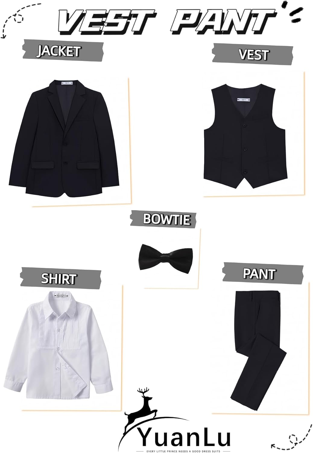 Thumbnail 1 de YuanLu Boys Tuxedo Wedding Ring Bearer Outfit (5-Piece) — Slim Fit Formal Suit for Kids, Adjustable Waist
