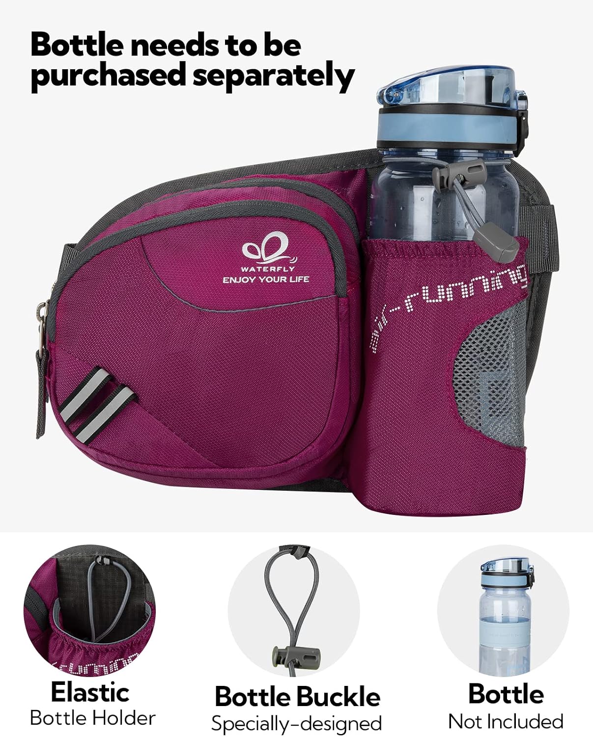 Detalle de Waterfly Gürteltasche/Bauchtasche mit Flaschenhalter – wasserdicht, atmungsaktiv & verstellbar für Sport und Outdoor