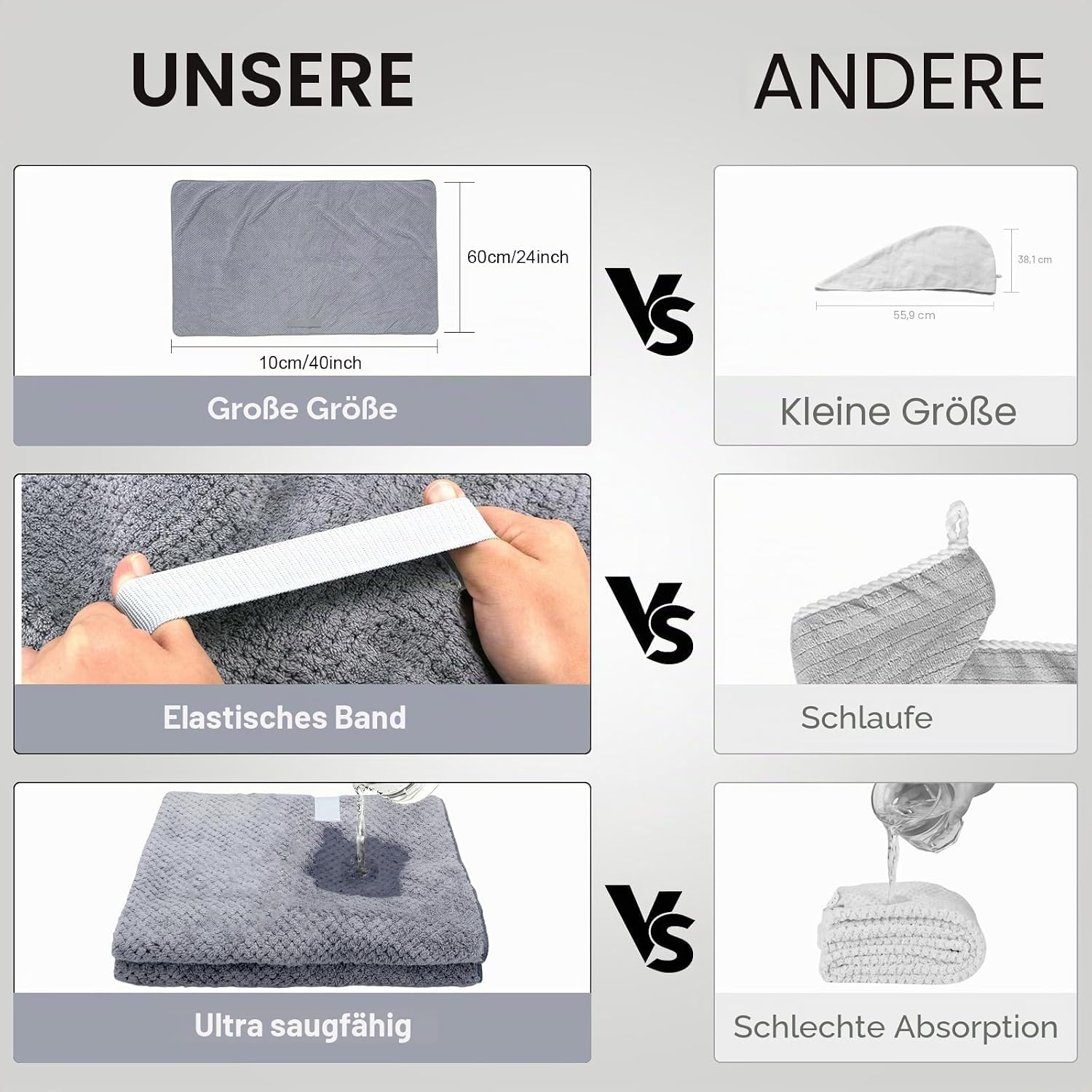 Thumbnail 2 de ytorgr Mikrofaser Haarturban 2 Stück – 100 x 60 cm, elastischer Band, schnell trocknend, super saugfähig