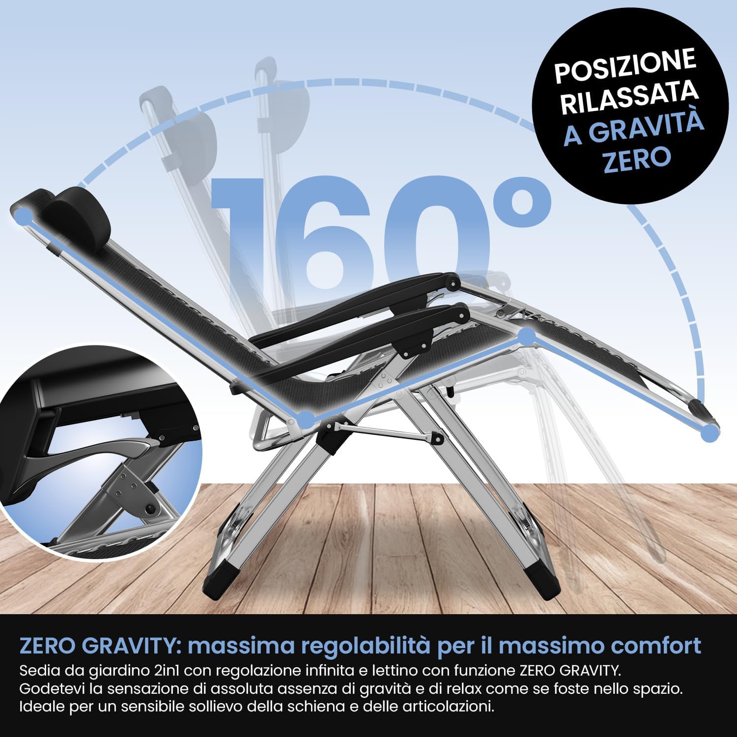 Detalle 2 de ELONEO Sedia a sdraio pieghevole con cuscino premium: comfort, versatilità e resistenza per il giardino