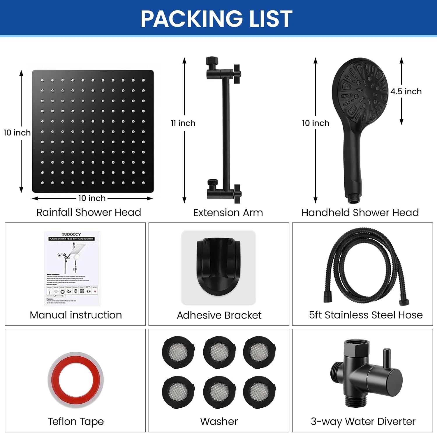 Thumbnail 6 de Tudoccy SHP-HS 10-Inch Rainfall and Handheld Shower Combo, Matte Black