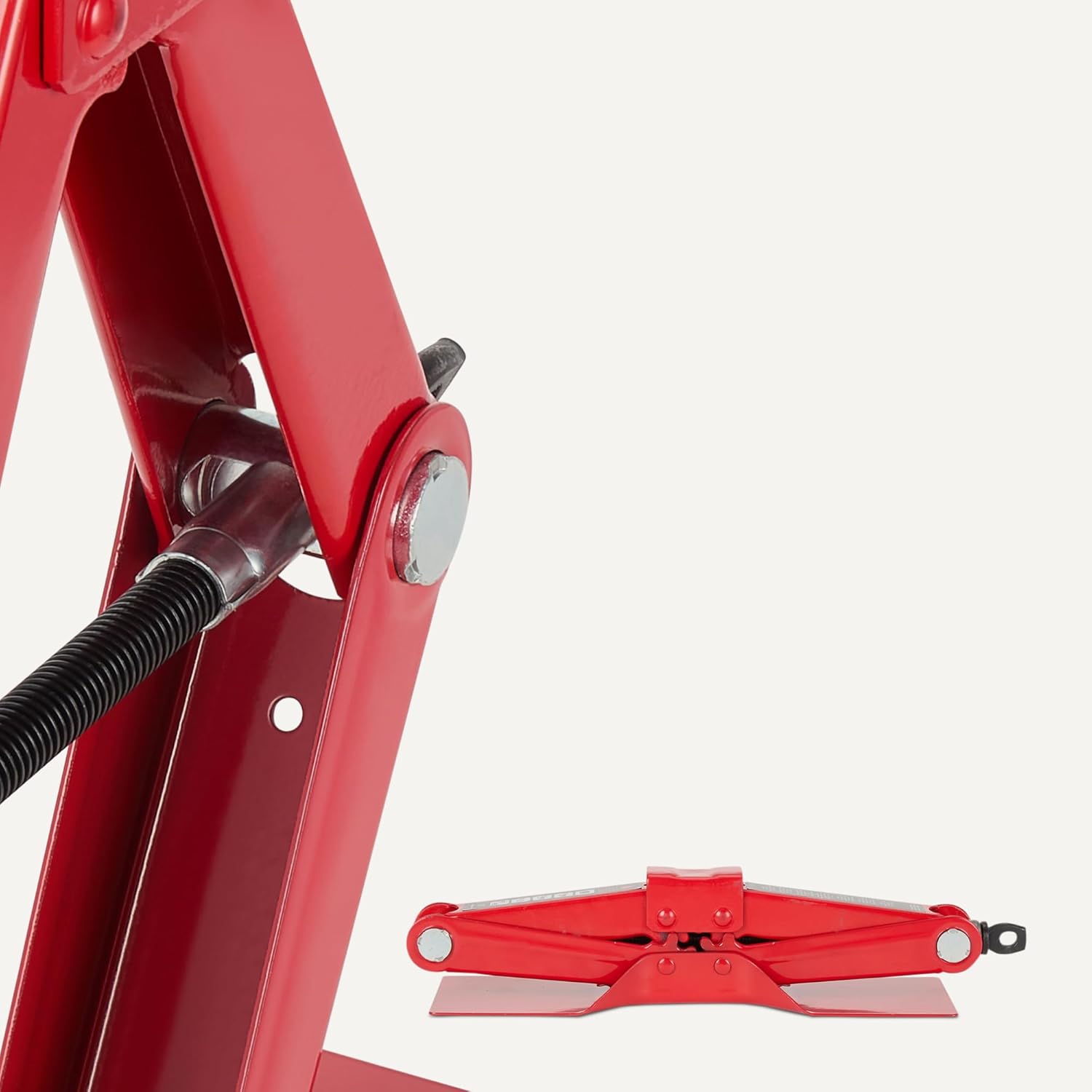 Detalle de Amazon Basics Scherenheber – Tragbarer Wagenheber, 1,5 t Kapazität, 9,3–39,4 cm Hubbereich, rot