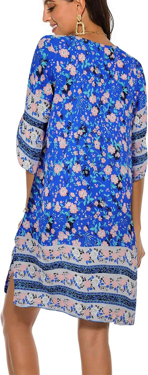 Detalle de BDTECAOR Damen Vintage Ethnostil Tunika-Kleid mit Blumenmuster und V-Ausschnitt (3/4-Arm)