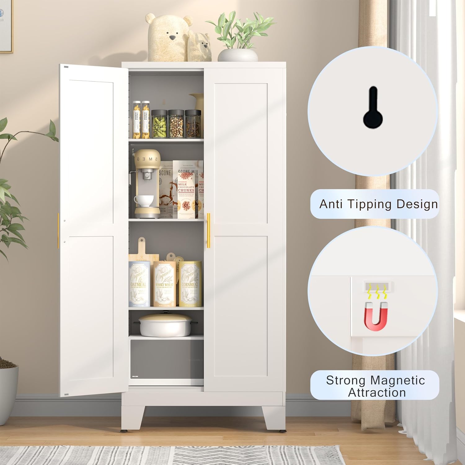 Detalle de GAIOUS C-YSXR04-1200W Metal Pantry Cabinet, White, Adjustable Shelves
