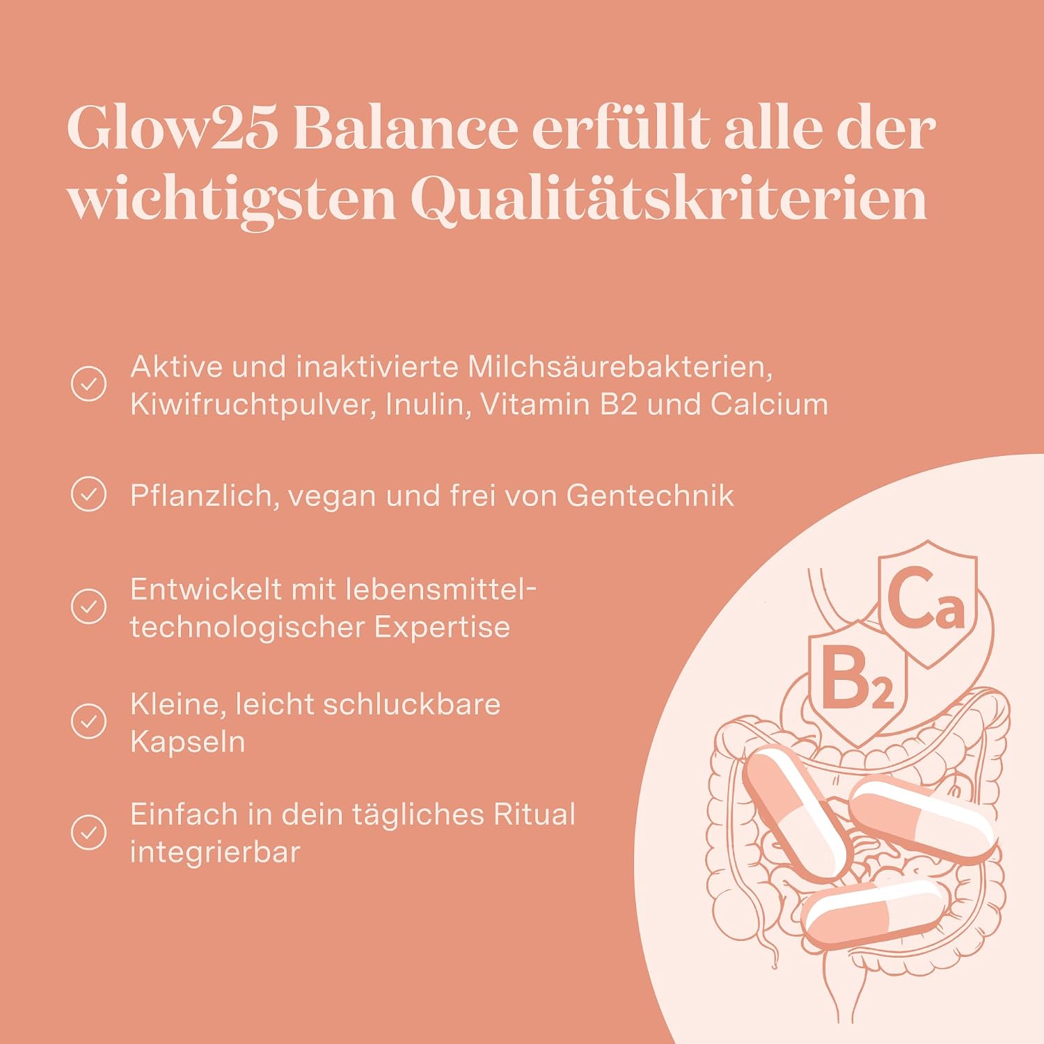 Detalle de Glow25® Balance – 30 Portionen pflanzliche Tribiotika-Formel mit Milchsäurebakterien, Kiwifruchtpulver, Inulin, Calcium & Vitamin B2