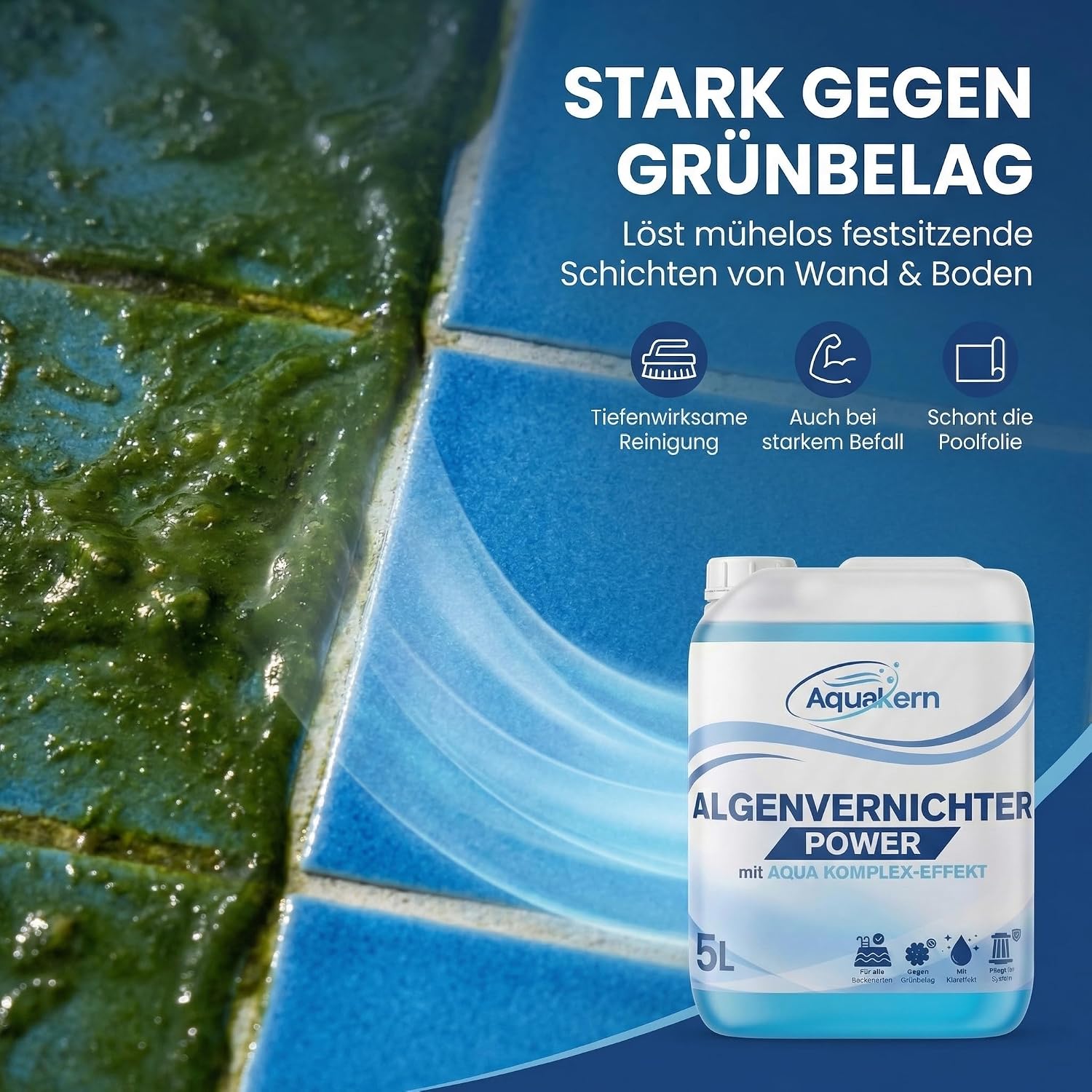 Detalle de Aquakern Algenvernichter Pool Power 5L mit Aqua KLAR KOMPLEX – für über 250.000 Liter