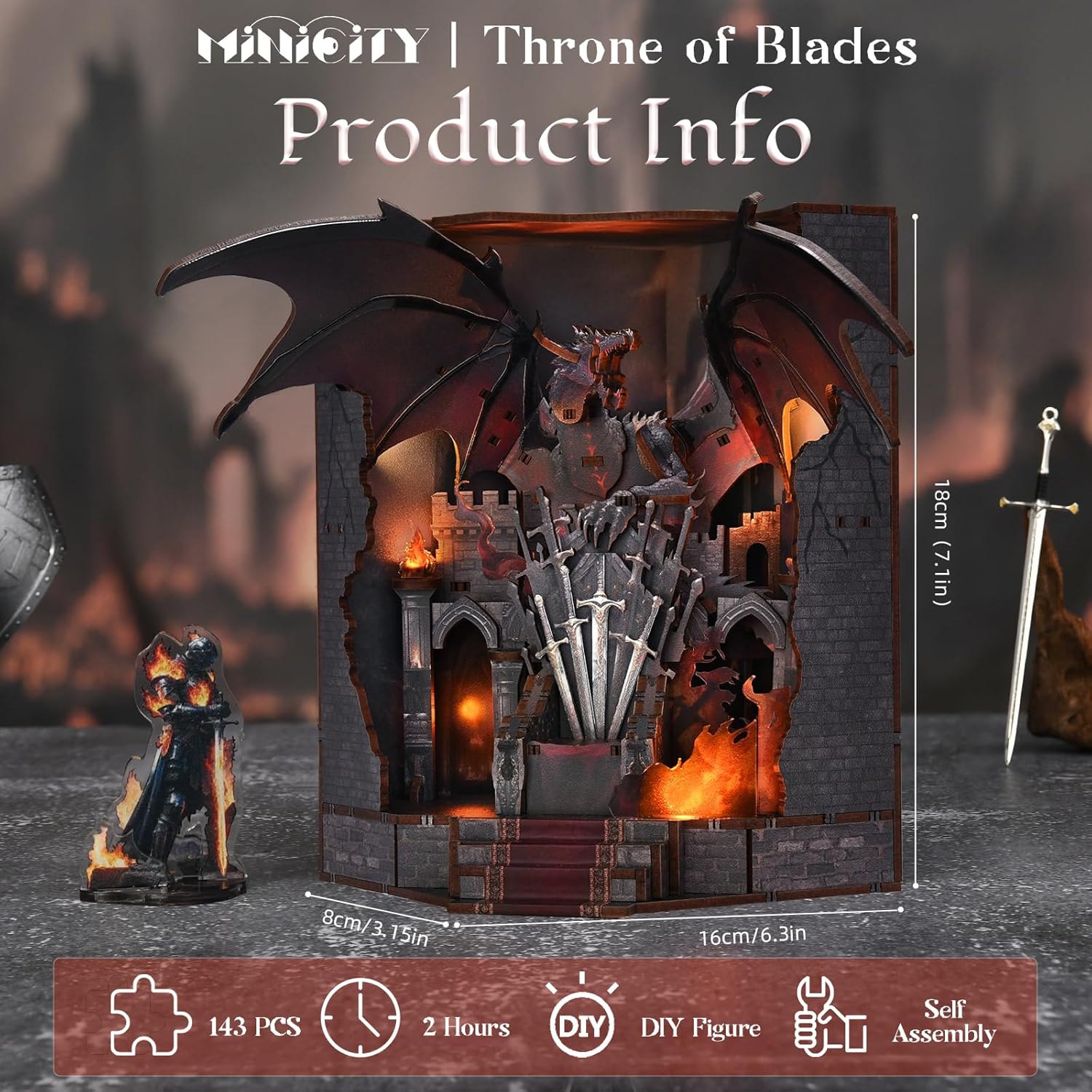 Thumbnail 4 de MiniCity Book Nook Kit for Adults - DIY Miniature House with LED Light, 3D Wooden Puzzle Bookend Bookshelf Decor, Collectible Gift for Family and Friends (Throne of Blade)
MiniCity Book Nook Kit for Adults - DIY Miniature Ho…
