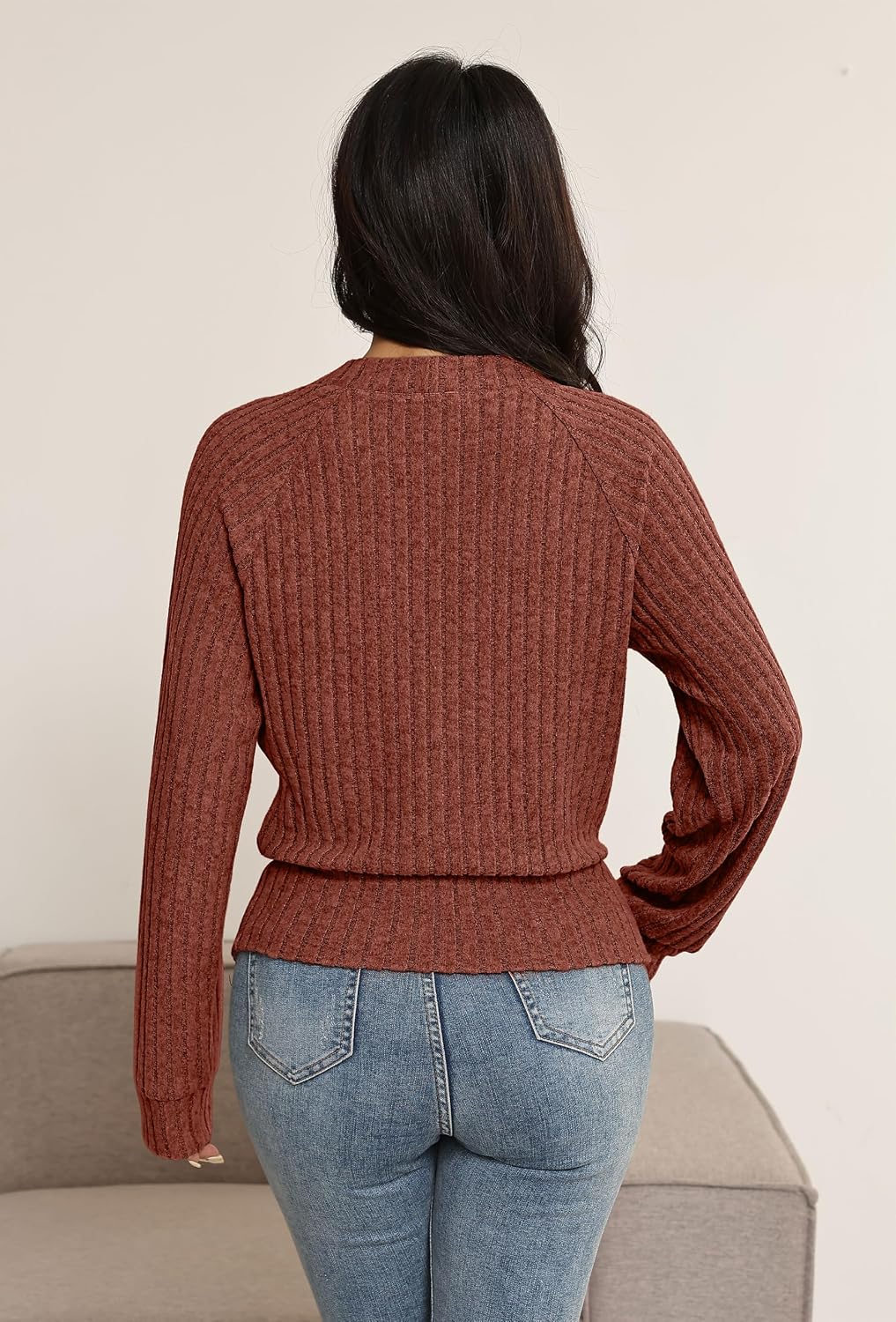 Detalle de OFEEFAN Women's Long-Sleeve Wrap Top, Ribbed Knit