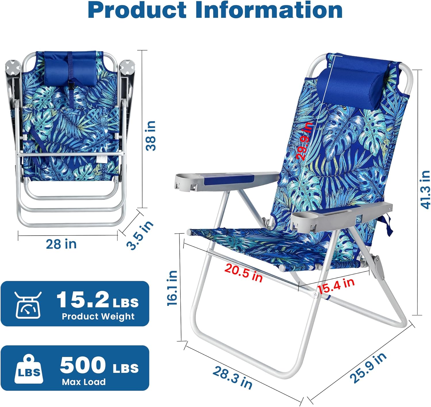 Detalle de SUNNYFEEL 17" Tall Oversized Beach Chairs (2-Pack) with 5-Position Recline, Heavy-Duty 500 LBS Capacity