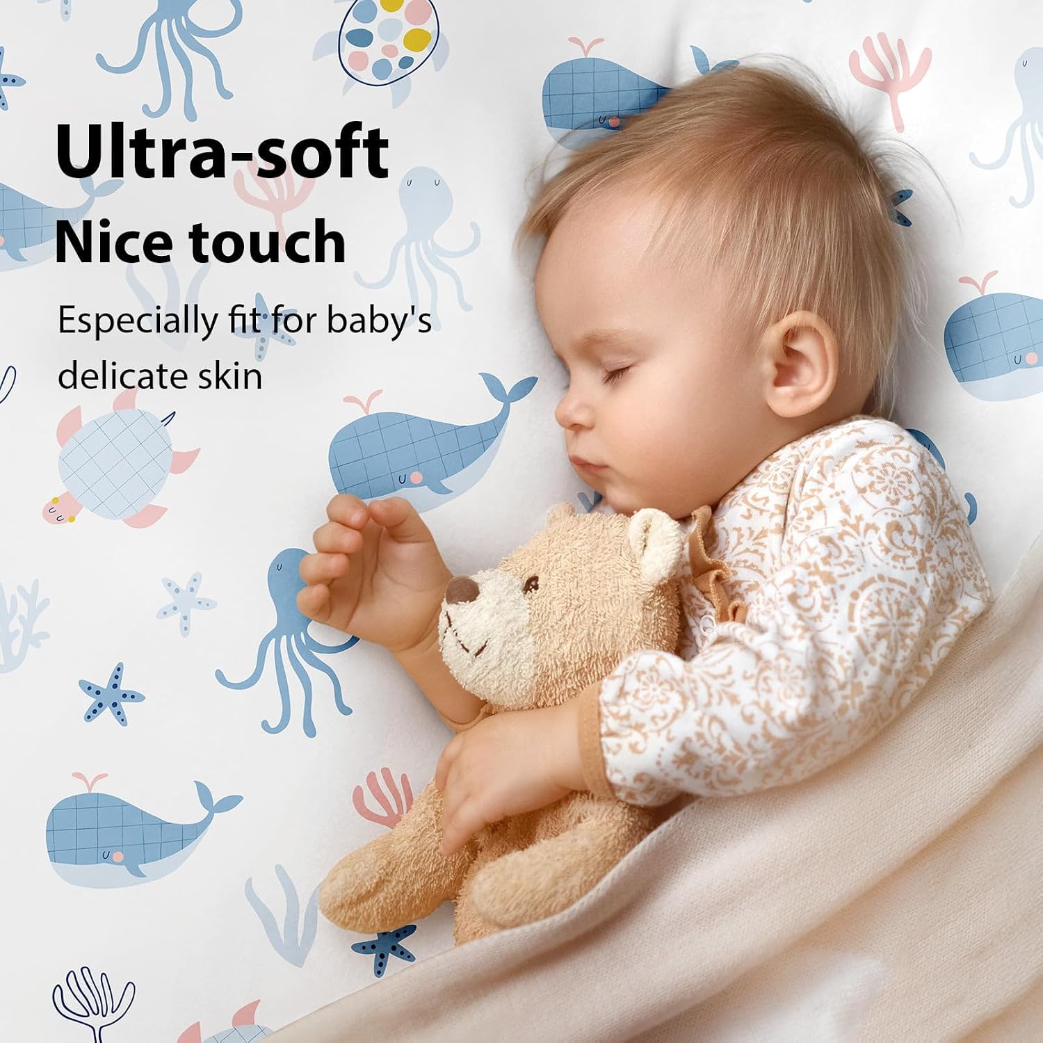 Thumbnail 2 de FIEMOL Next to Me Crib Sheets 85x51cm – 3 Pack (Blue Ocean Whale)